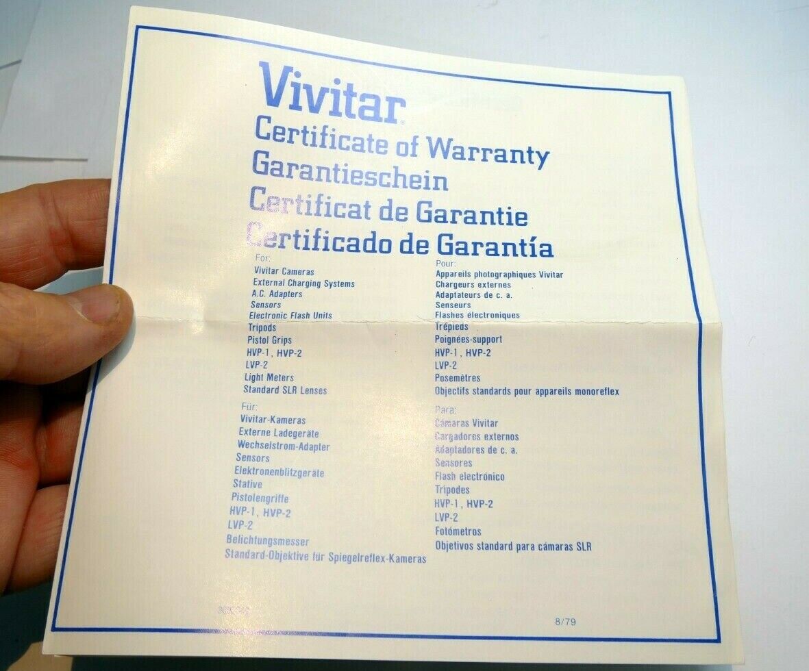 Vivitar Certificate of Warranty card vintage 1970's
