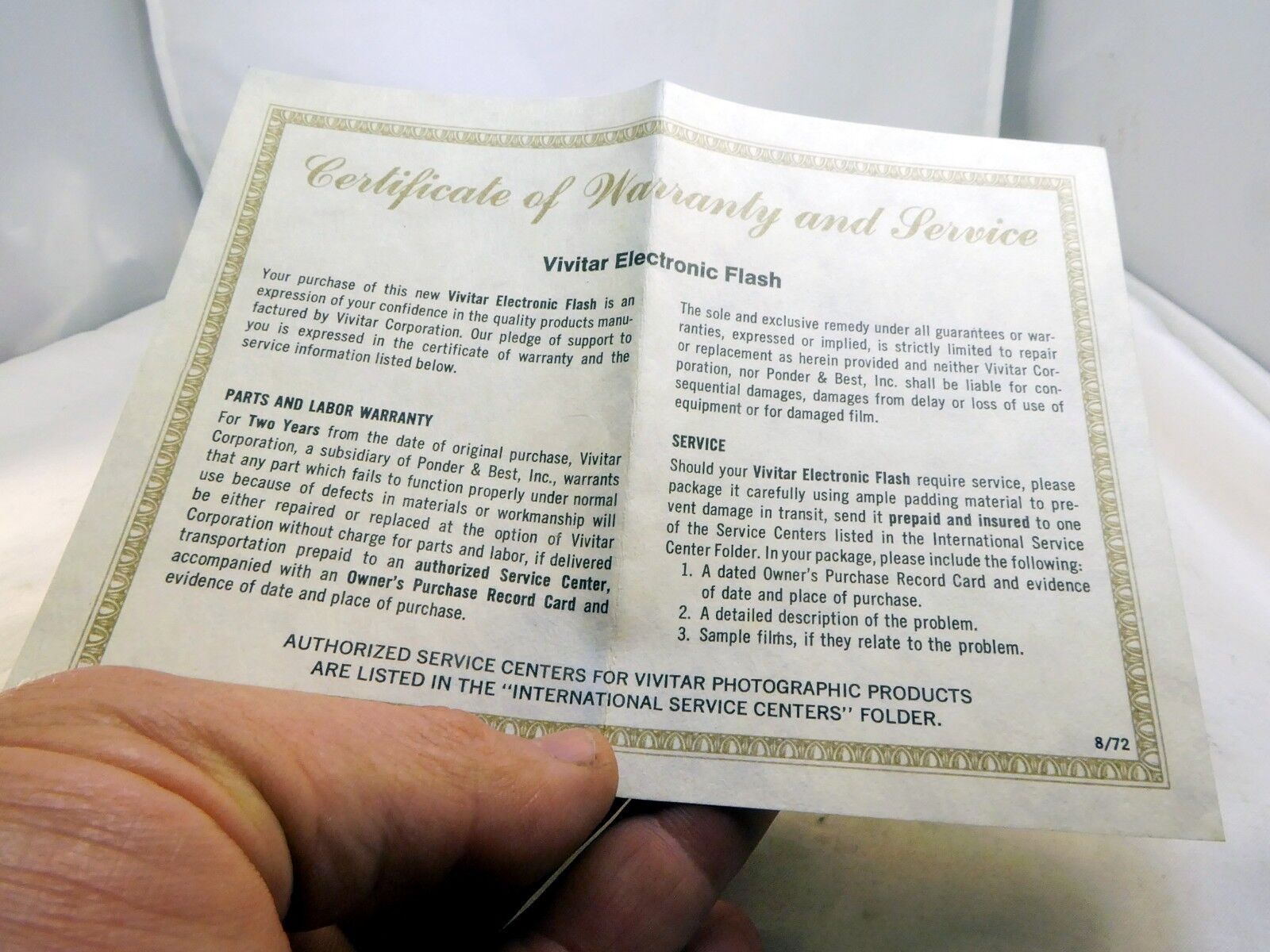 Vivitar Certificate of Warranty and Service Card 352 Flash  1974 vintage