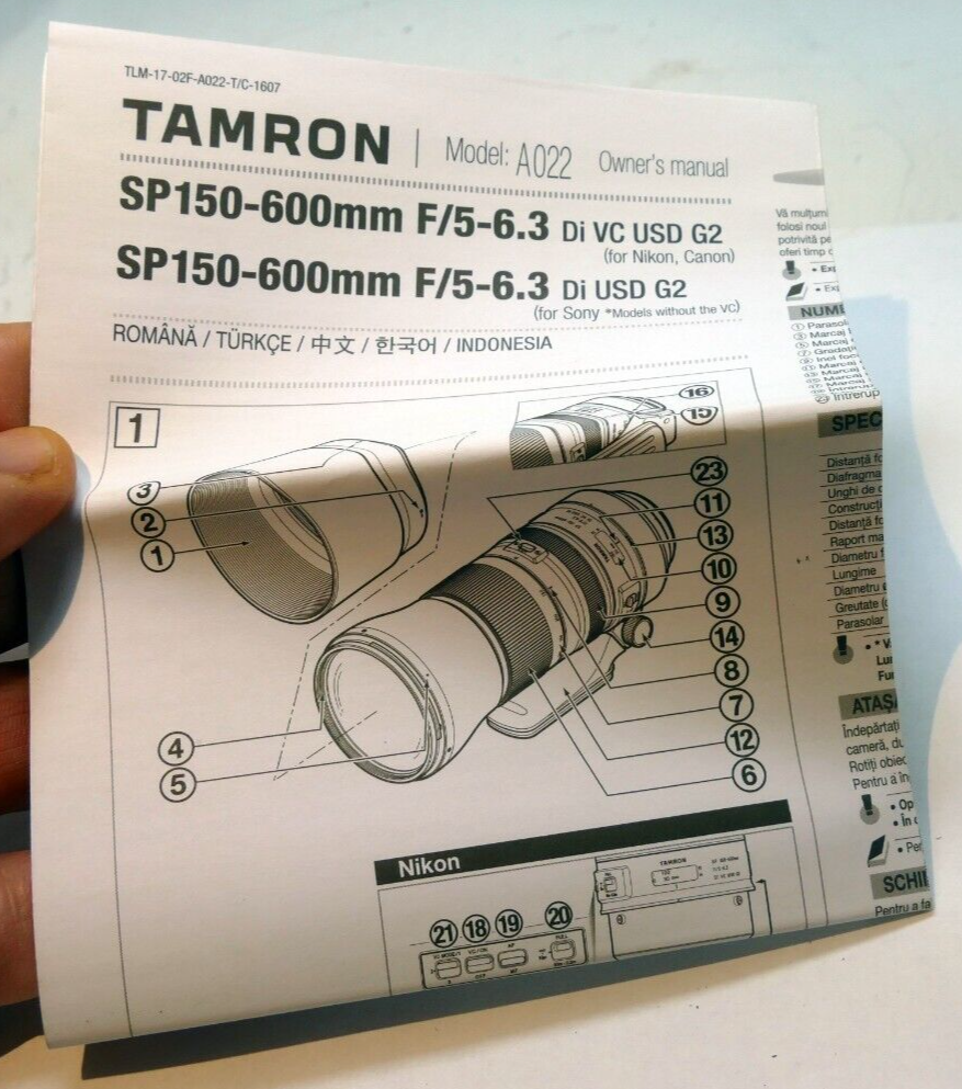 Tamron SAP 150-600mm f5-6.3 VC G2 USD Lens Instruction Manual Guide