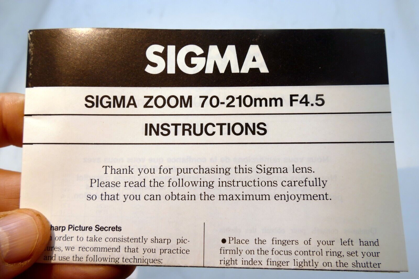 Sigma Manual Focus Lens guide Brochure 70-210mm f4.5 insruction