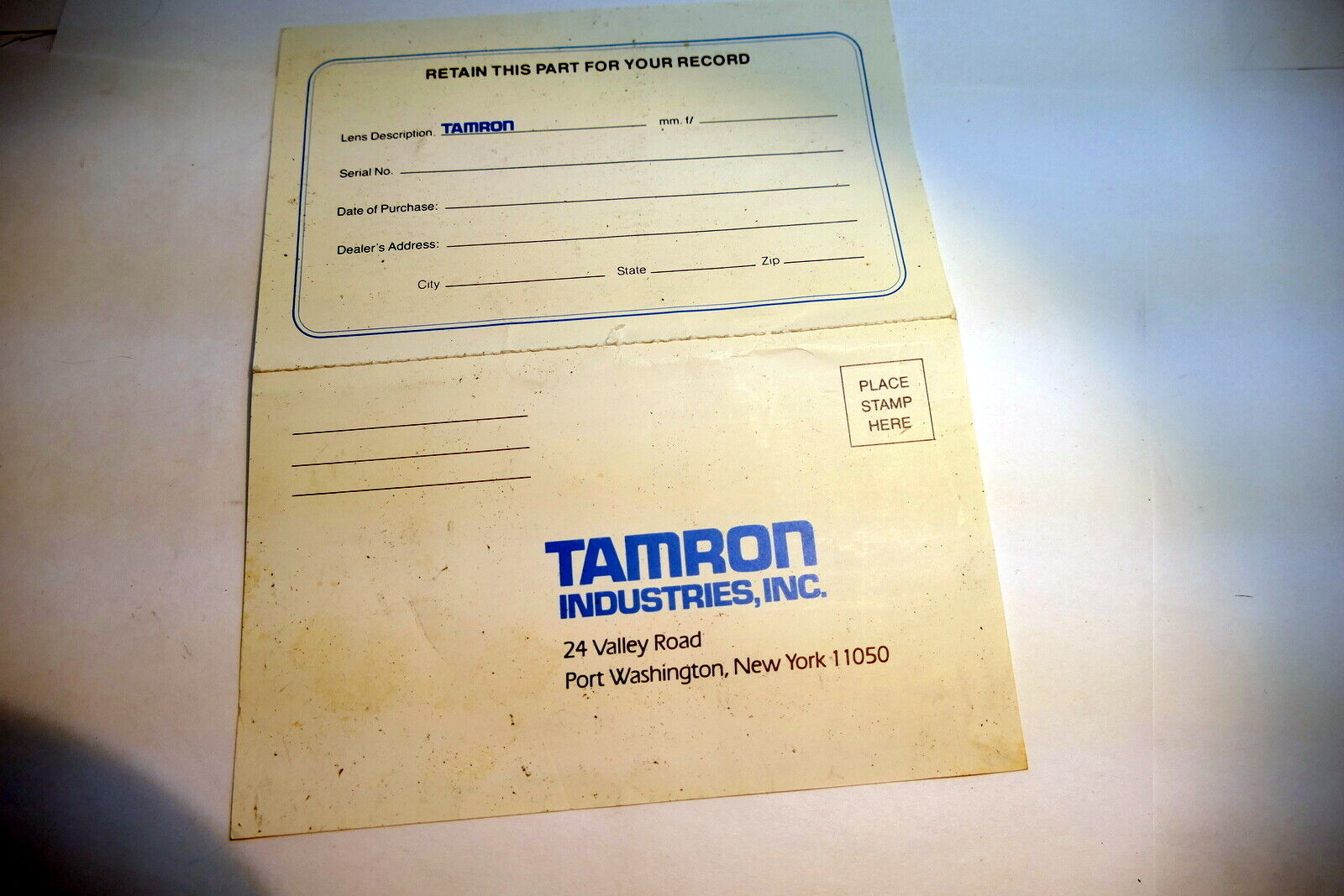 Tamron Certificate of Warranty  lens Card vintage  1980's