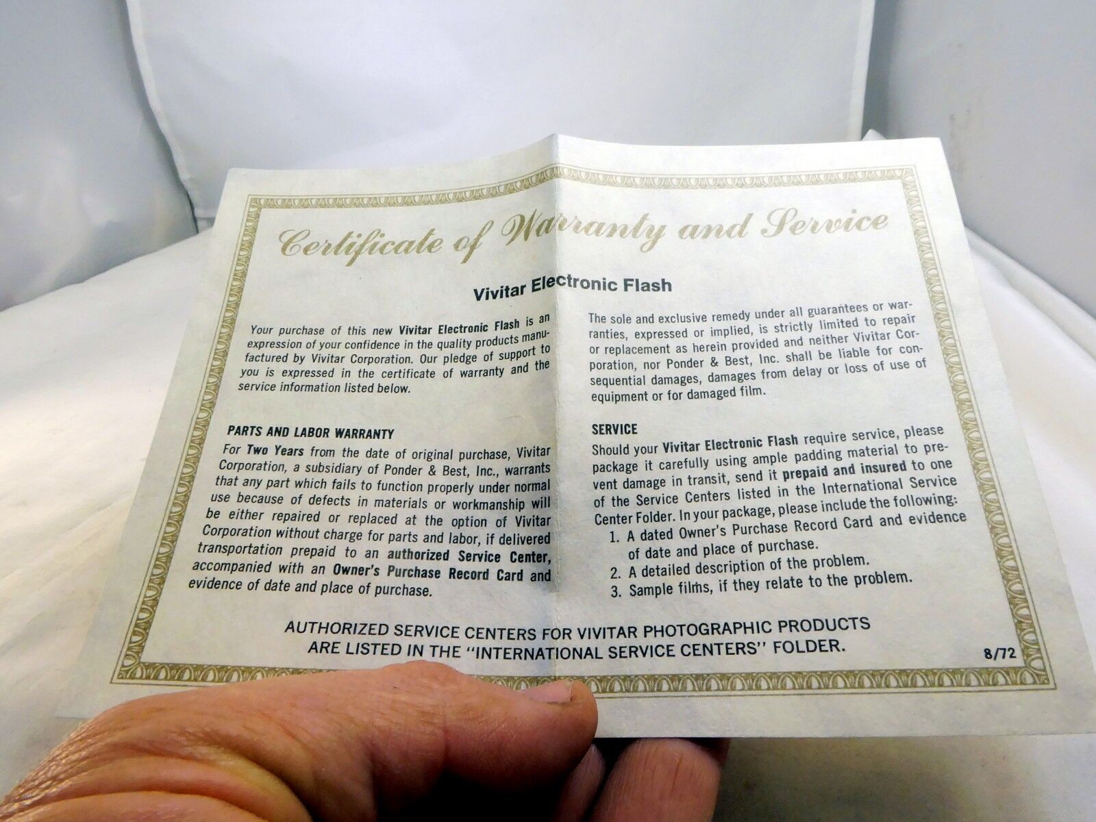 Vivitar Certificate of Warranty and Service Card 352 Flash  1974 vintage