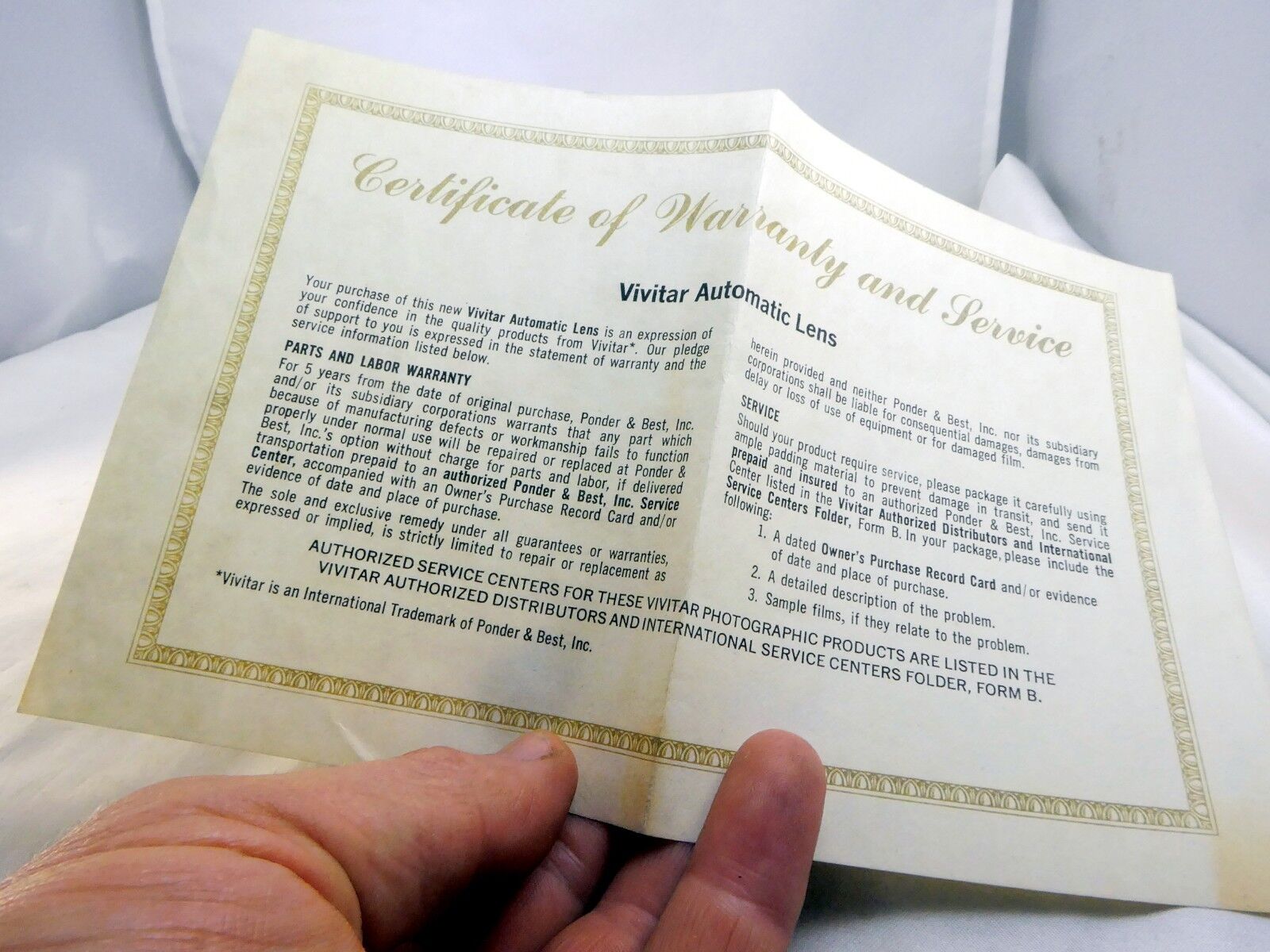 Vivitar Certificate of Warranty and Service Card 50mm f1.9 Lens  1974 vintage