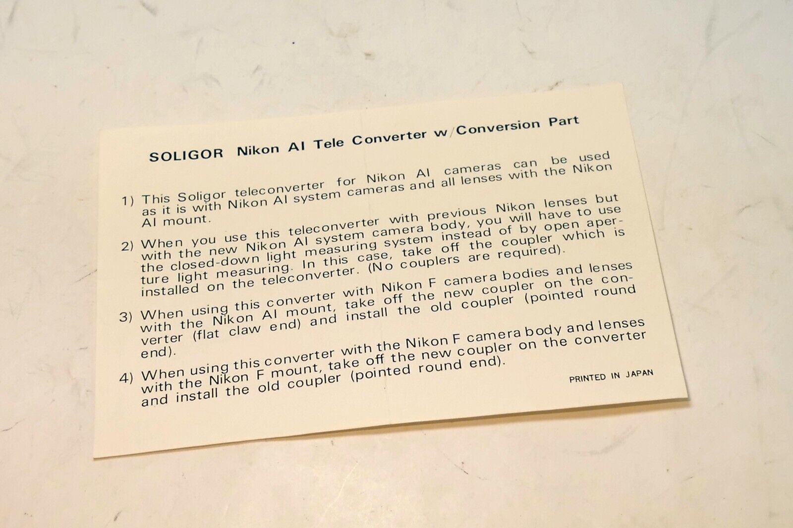 Soligor Ai and F Coupling Guide Brochure for Nikon F mount Teleconverter lens 2X