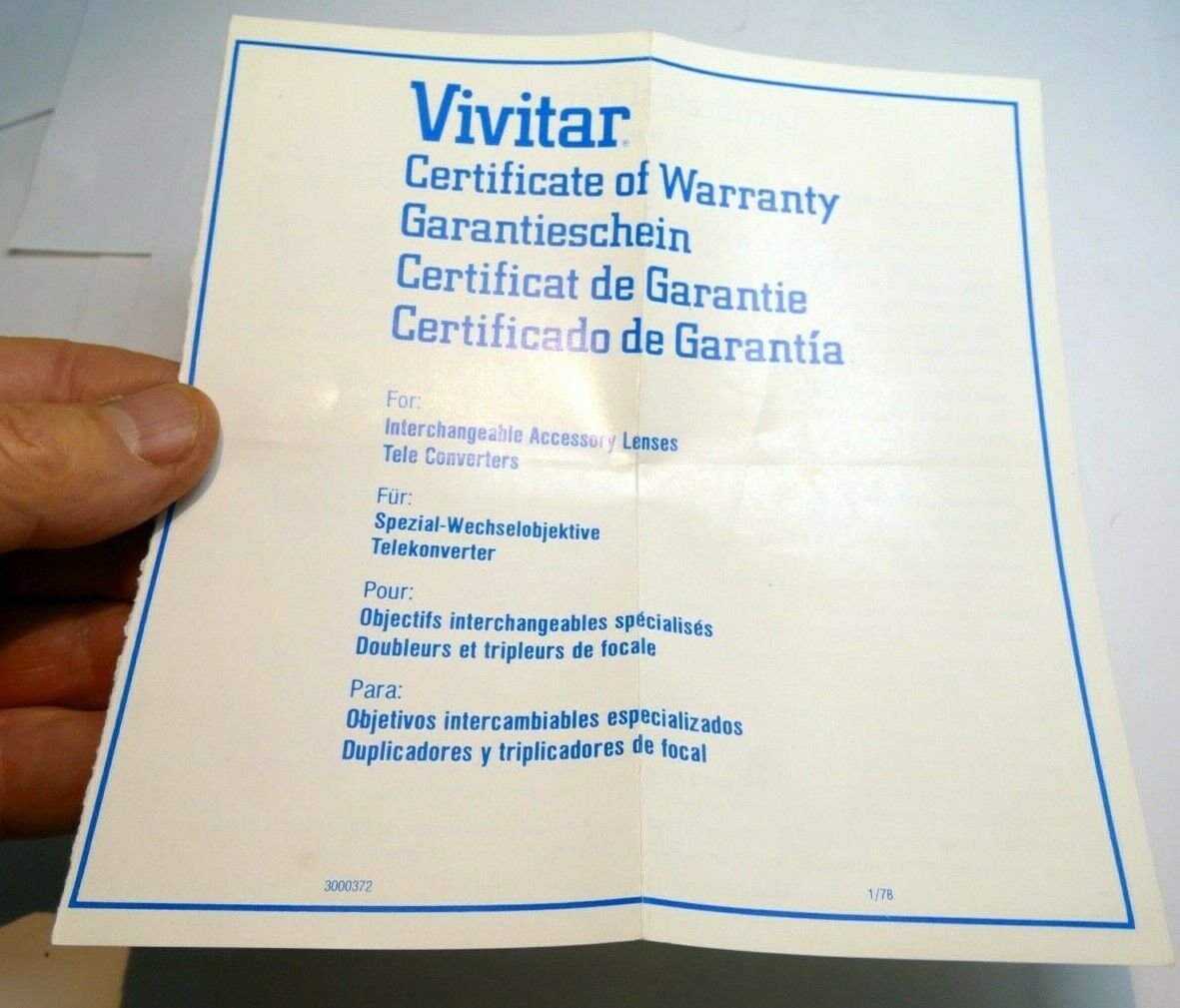 Vivitar Certificate of Warranty card vintage 1970's
