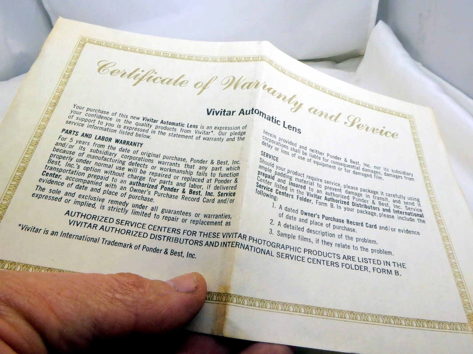 Vivitar Certificate of Warranty and Service Card 50mm f1.9 Lens  1974 vintage