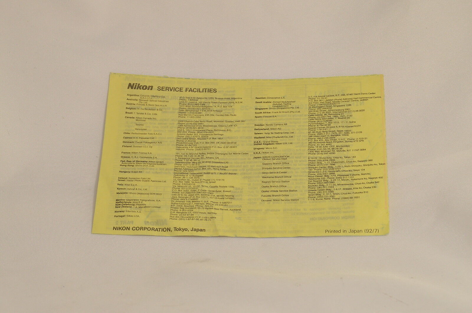 Nikon Speedlight Unit SB-25 Warranty Form/ registration card vintage