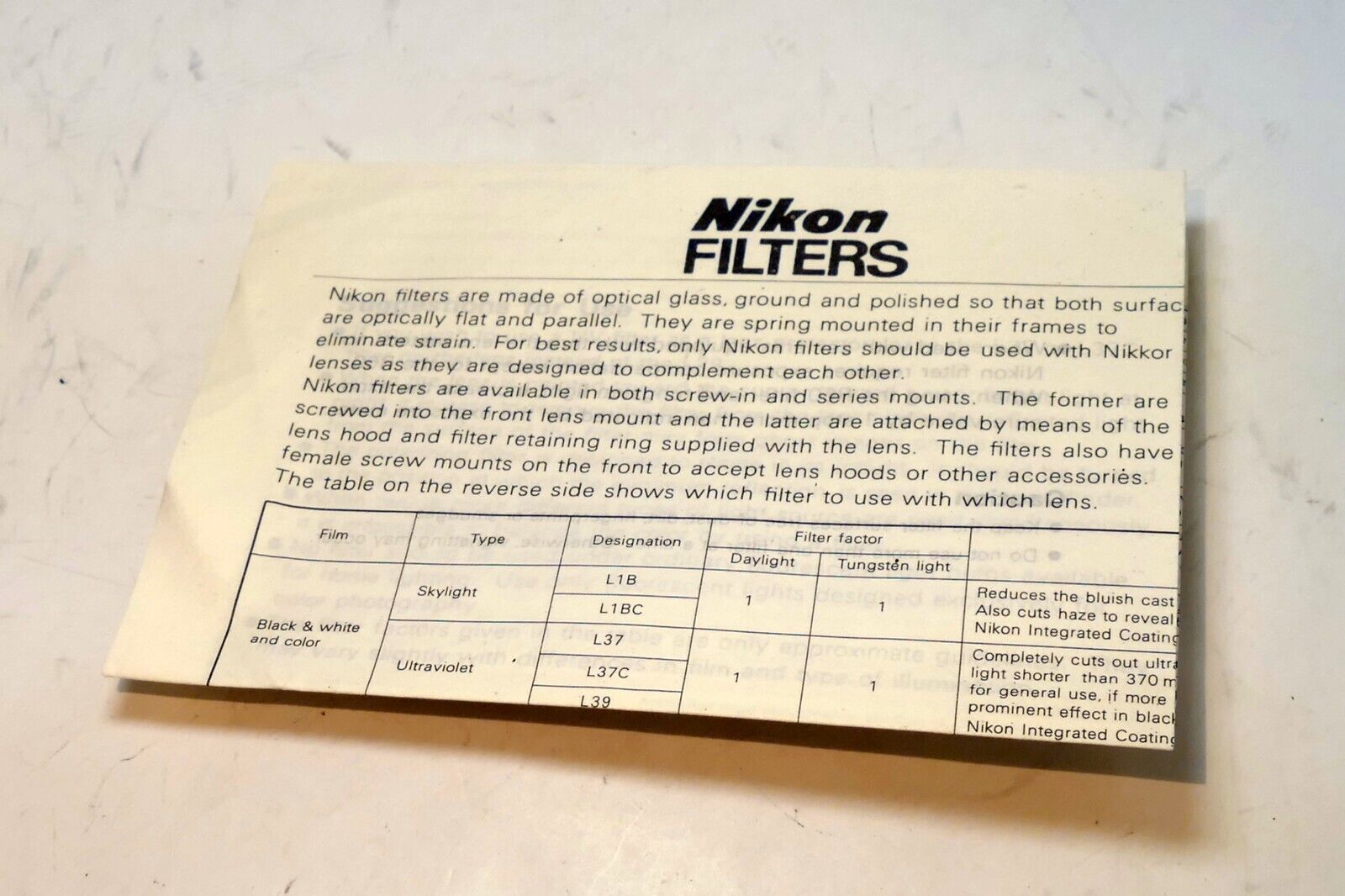 Nikon Filter System Guide Brochure L1B L37 L39 White 1975 - OEM Nikkor