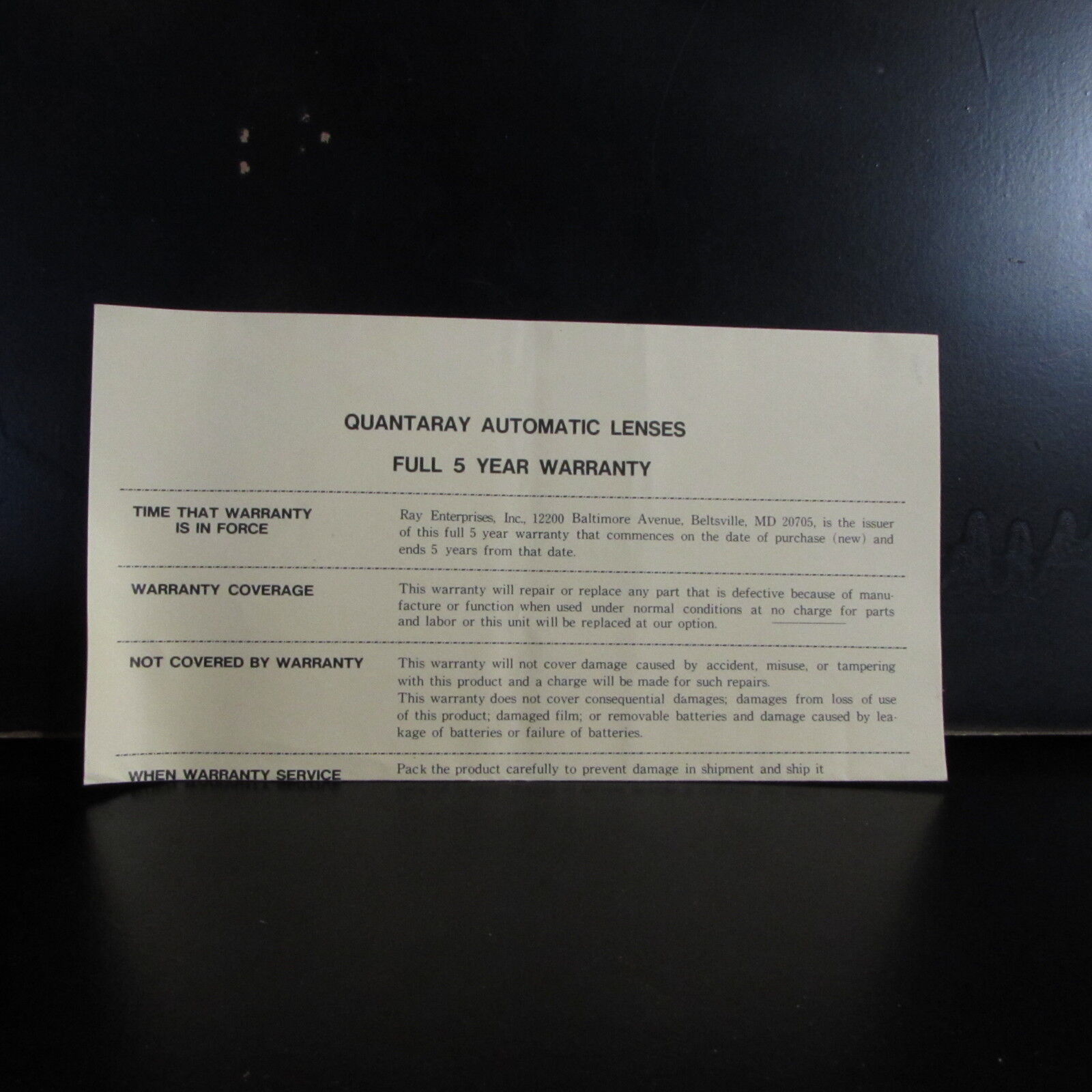 vintage Quantaray Automatic Lenses Warranty Card B00129