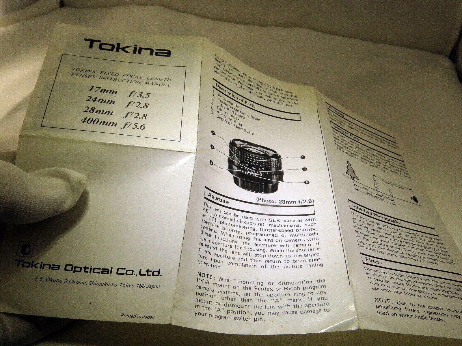 Tokina Lens  Instruction Manual 17mm f3.5 24mm f2.8 28mm f2.8 400mm f5.6