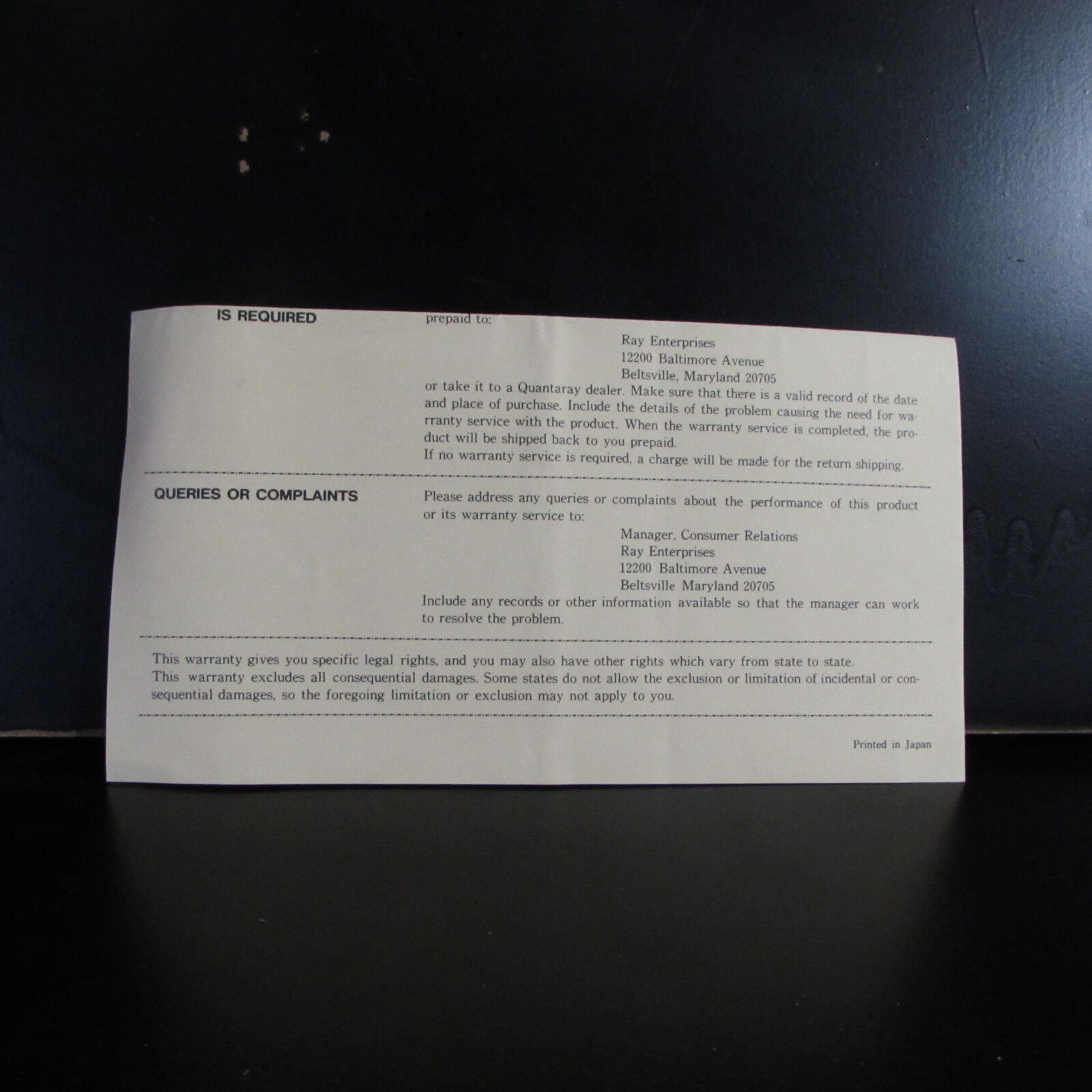 vintage Quantaray Automatic Lenses Warranty Card B00129
