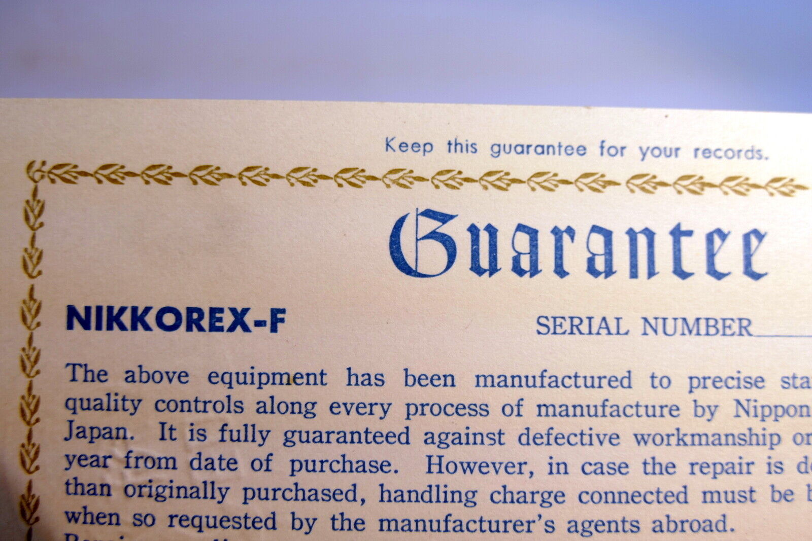 Nikon warranty card 1965 model Nikkorex-F vintage