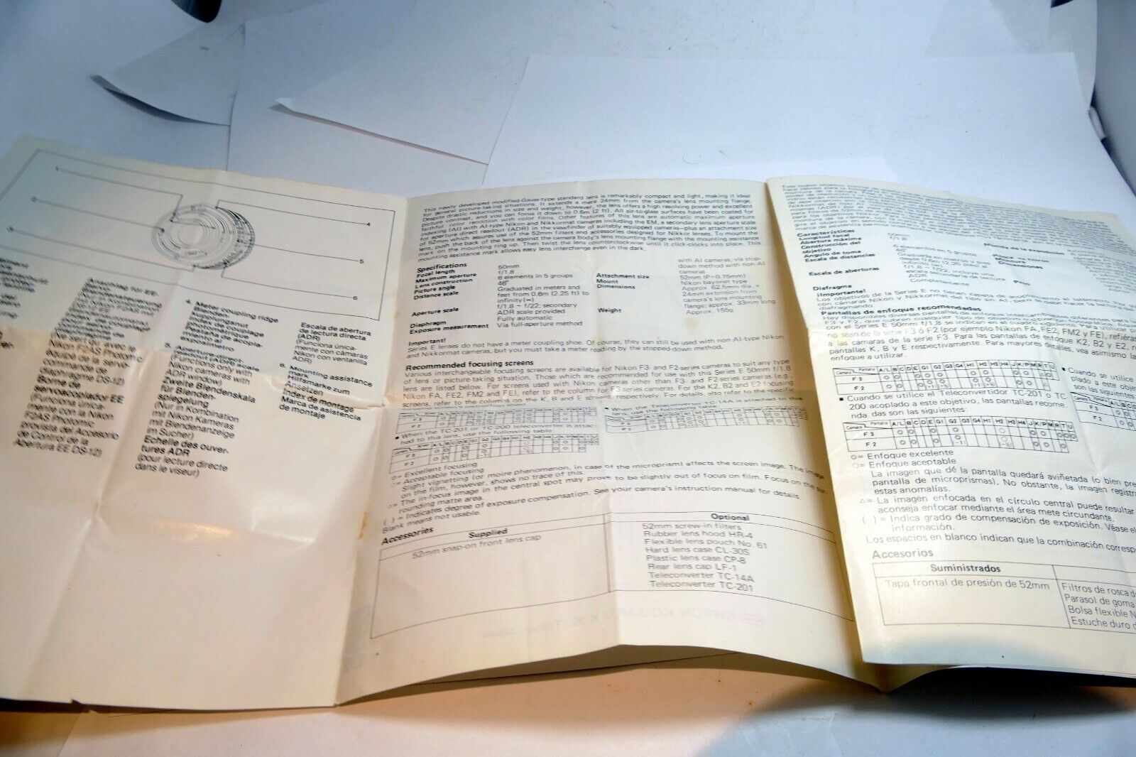 Nikon E series 50mm f1.8 Ai-s Lens instruction manual  EN German French Spanish