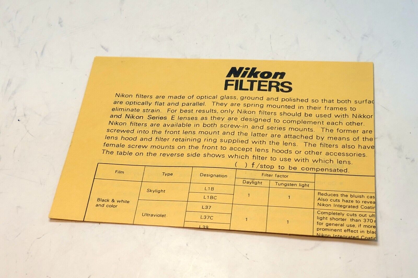 Nikon Filter System Guide Brochure L1B L37 L39 Yellow - OEM Nikkor