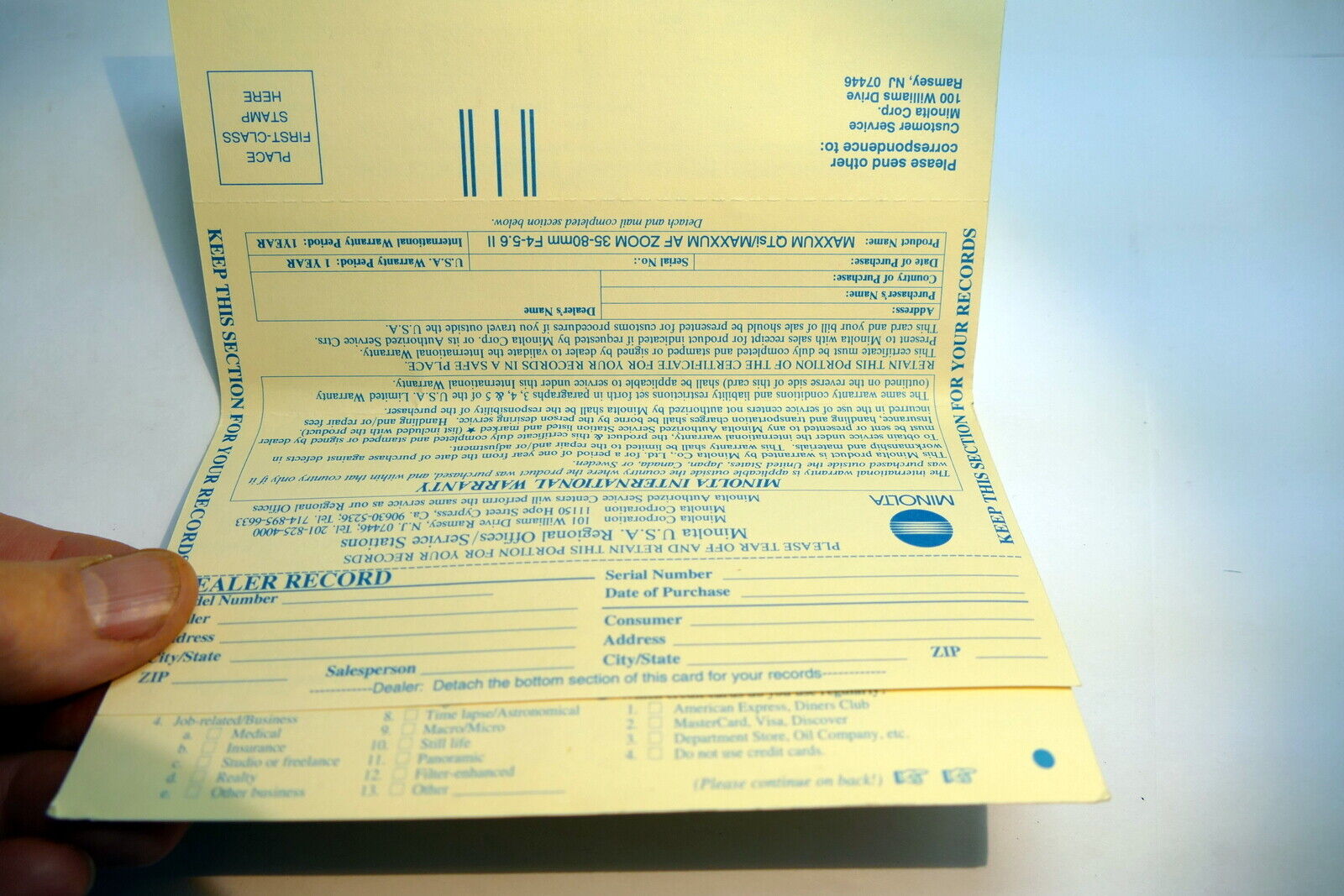 Warranty Card for Minolta QTsi Maxxum AF 35-80mm kit lens vintage