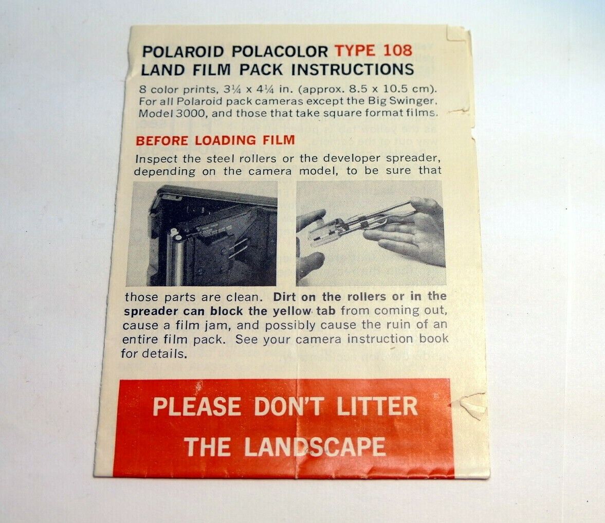 Brochure for Polaroid Type 108 Land film 3 1/4 X 4 1/2 " pack instructions