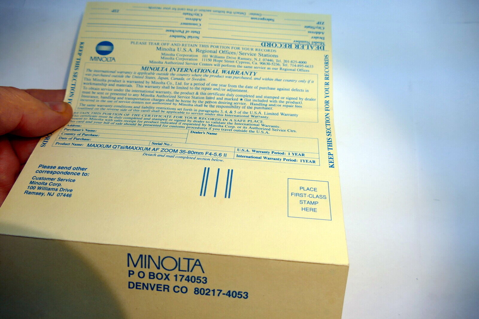 Warranty Card for Minolta QTsi Maxxum AF 35-80mm kit lens vintage