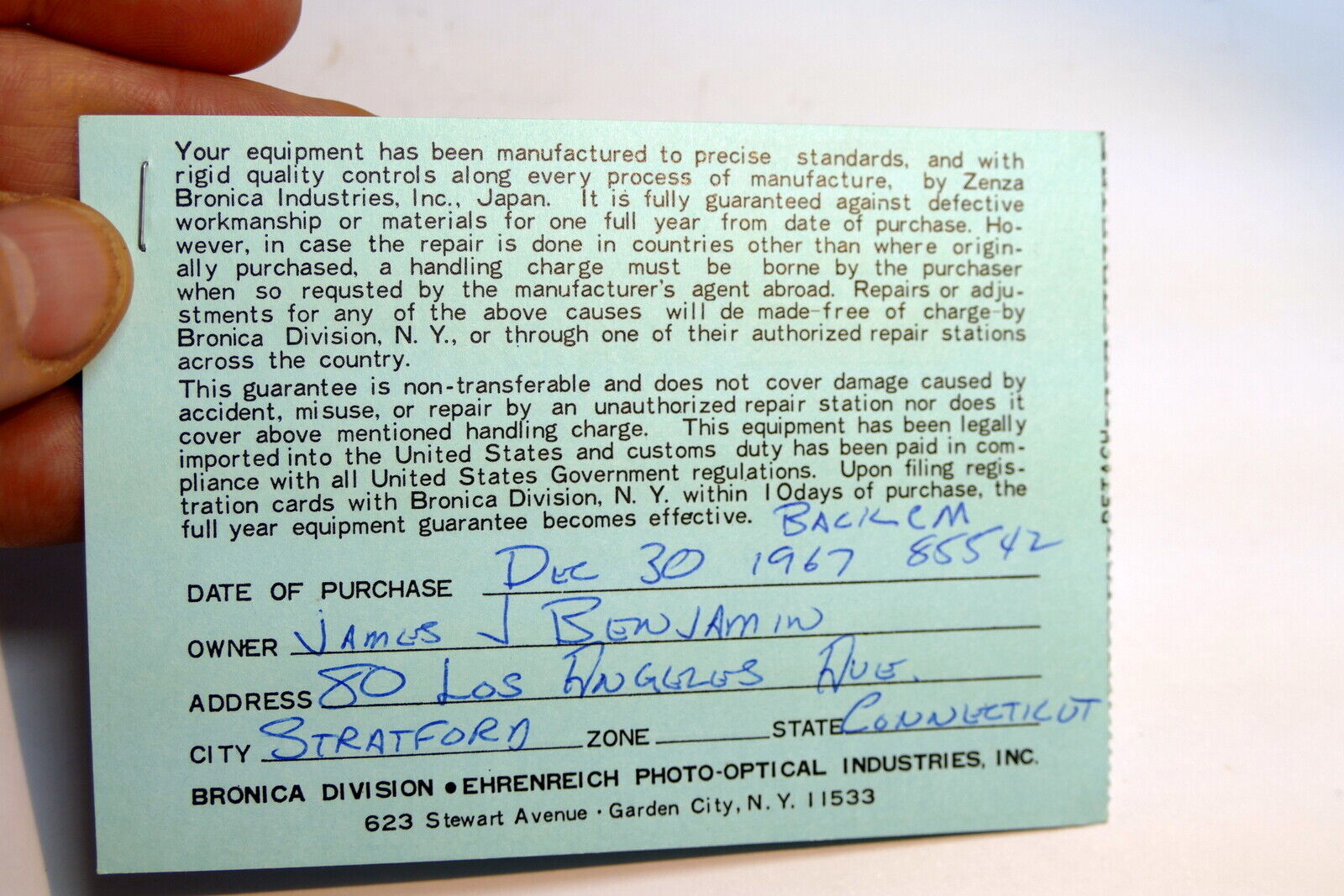 Bronica warranty card 1967 model  S2 camera 75mm f2.8 lens  vintage