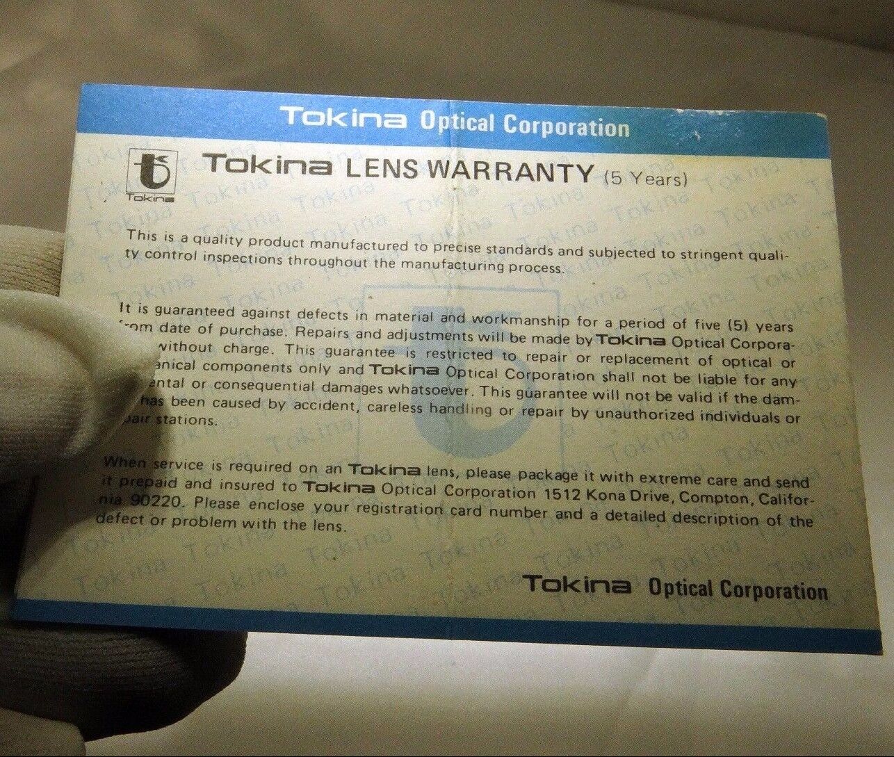 Tokina Lens  Limited Warranty Card Registration Card  1970's  vintage