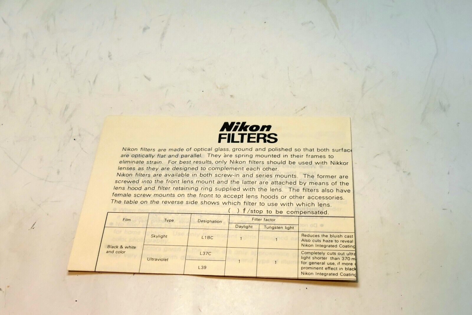 Nikon Filter System Guide Brochure L1Bc L37c L39 White 1978 - OEM Nikkor