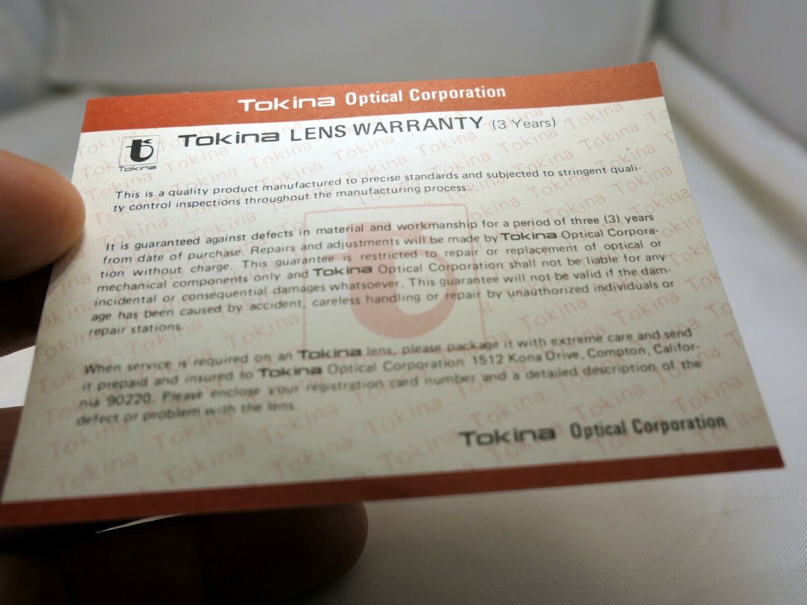 Tokina lens warranty card for  Konika 80-200mm f4.5