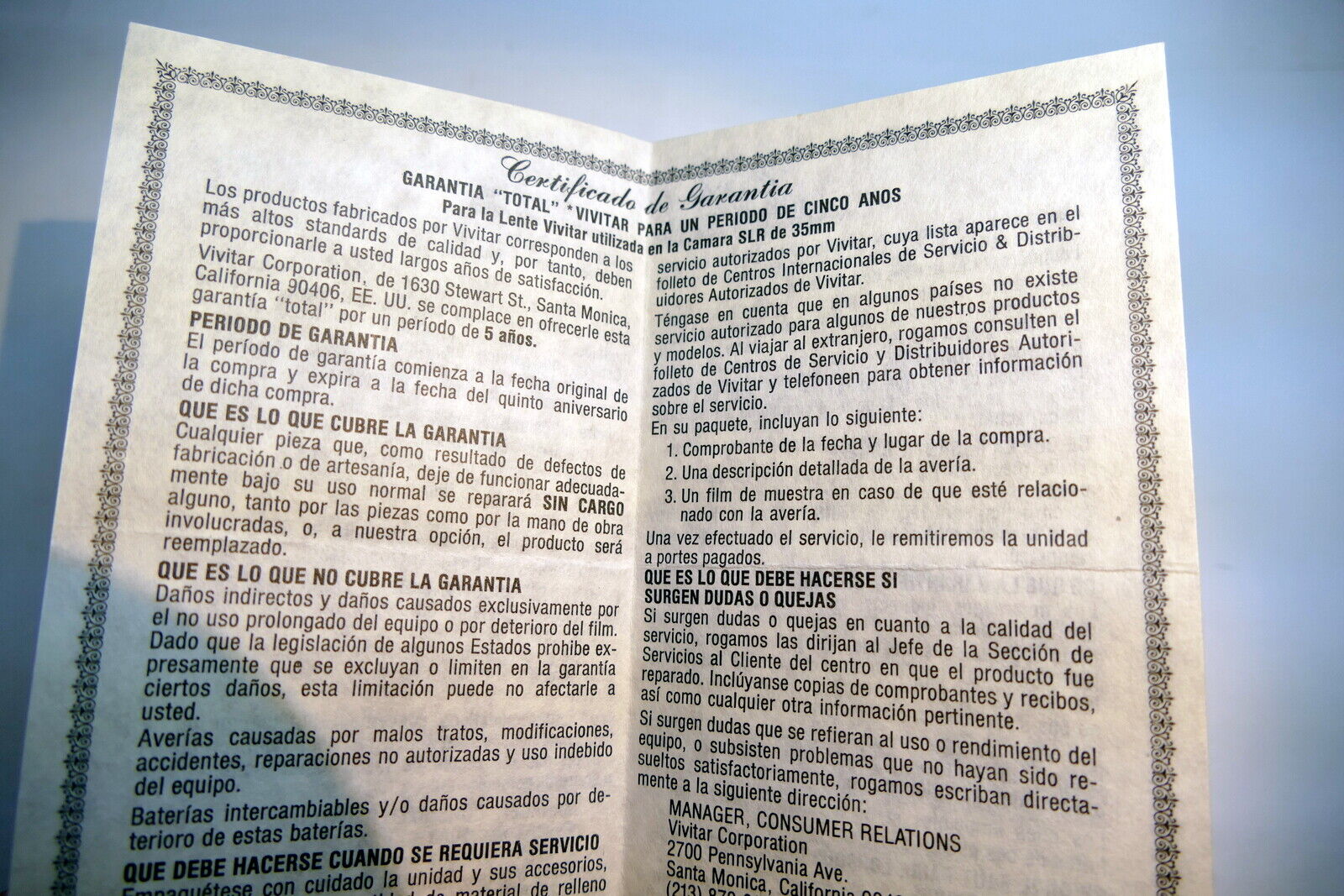 Vivitar Certificate of Warranty  35mm  Card vintage  1980's