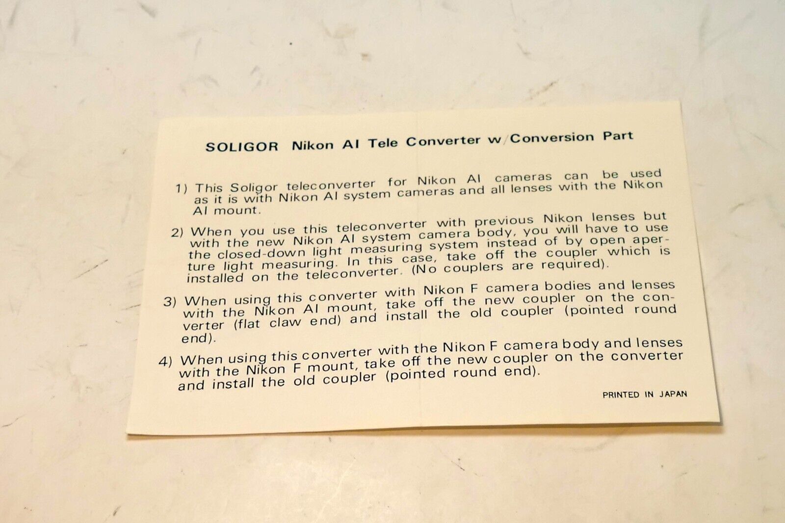 Soligor Ai and F Coupling Guide Brochure for Nikon F mount Teleconverter lens 2X