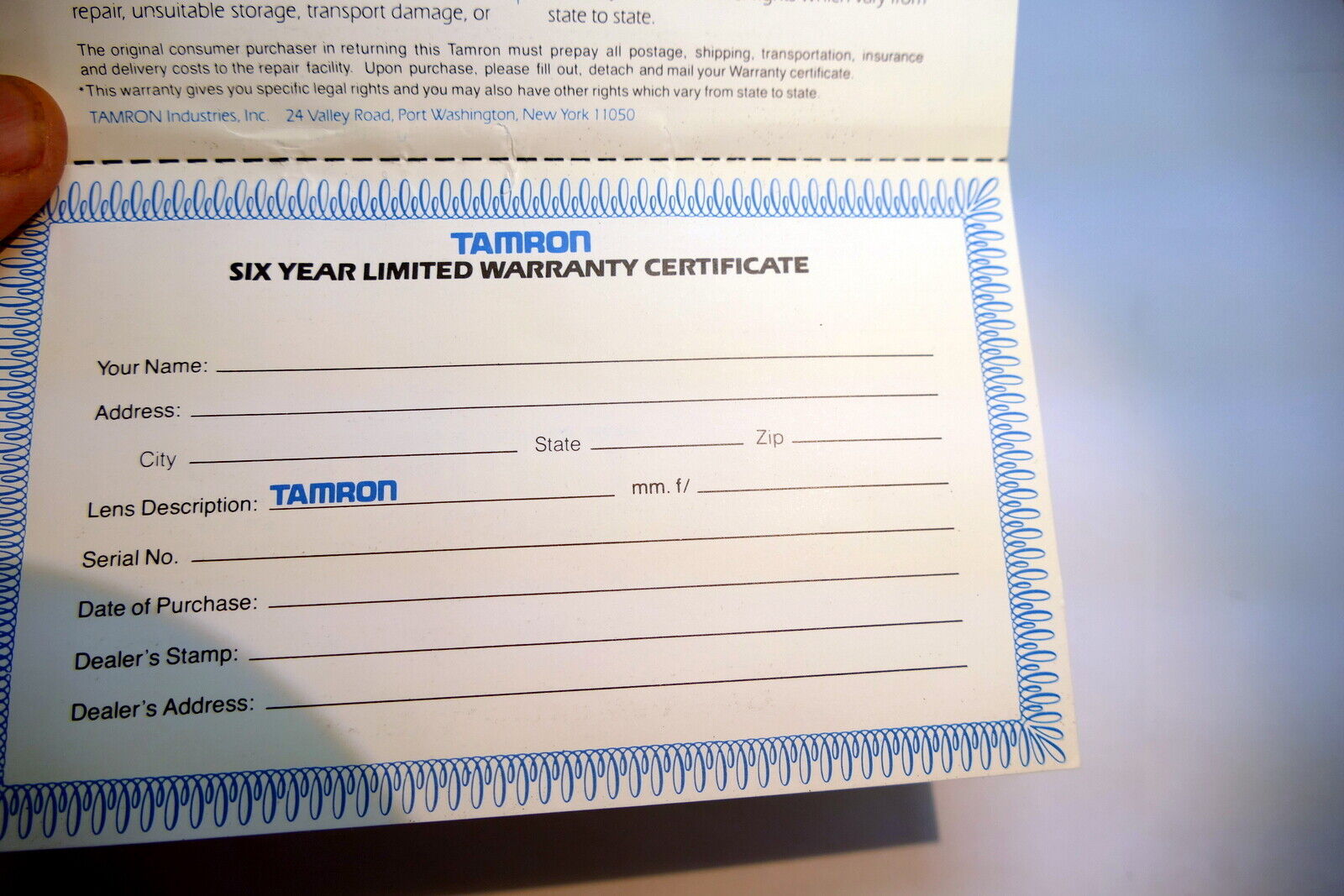 Tamron Certificate of Warranty  lens Card vintage  1980's