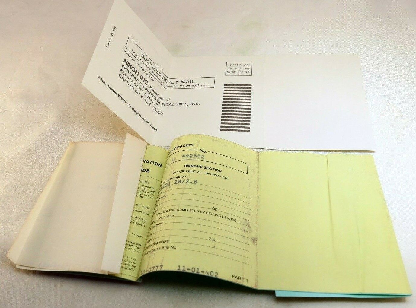 Nikon vintage warranty card (expired) for Nikkor 50mm f1.4 Non  Ai lens 1977