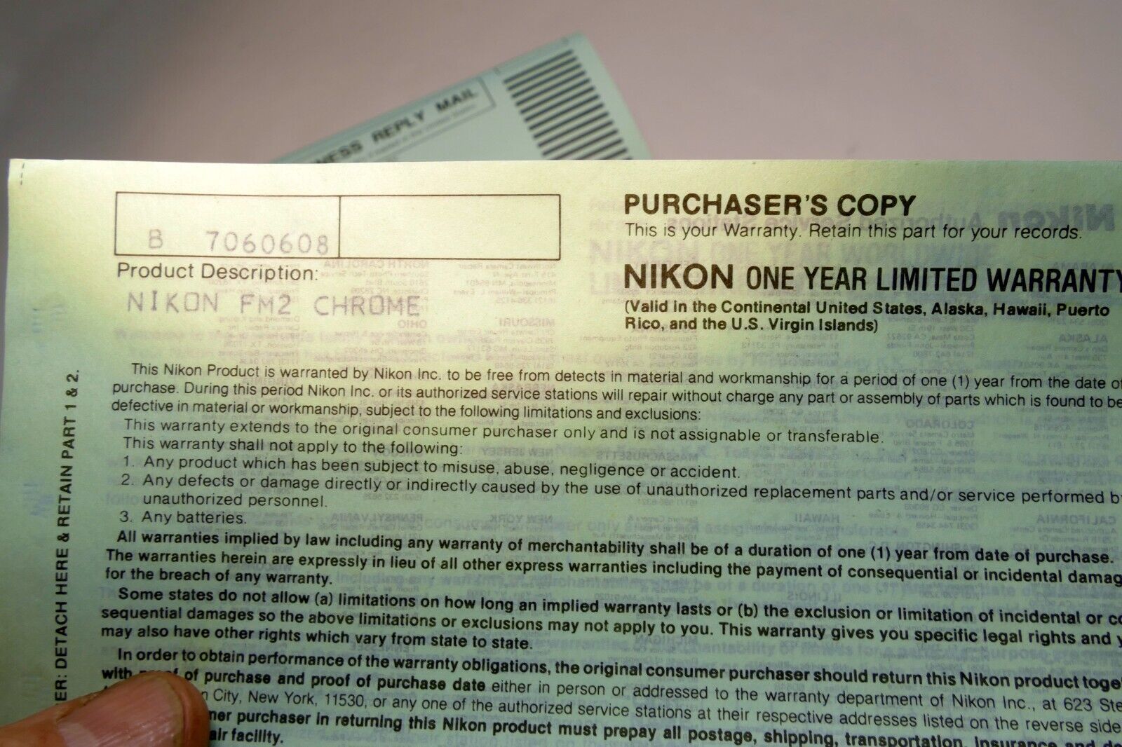Nikon vintage warranty card (expired) for FM2 Chrome camera  EN