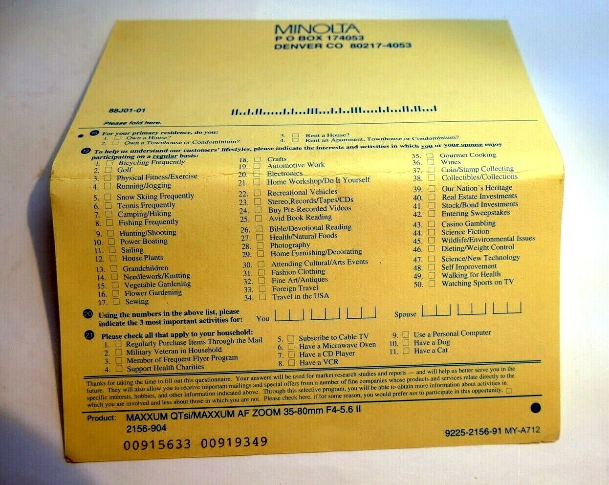 Warranty Card for Minolta QTsi Maxxum AF 35-80mm kit lens vintage
