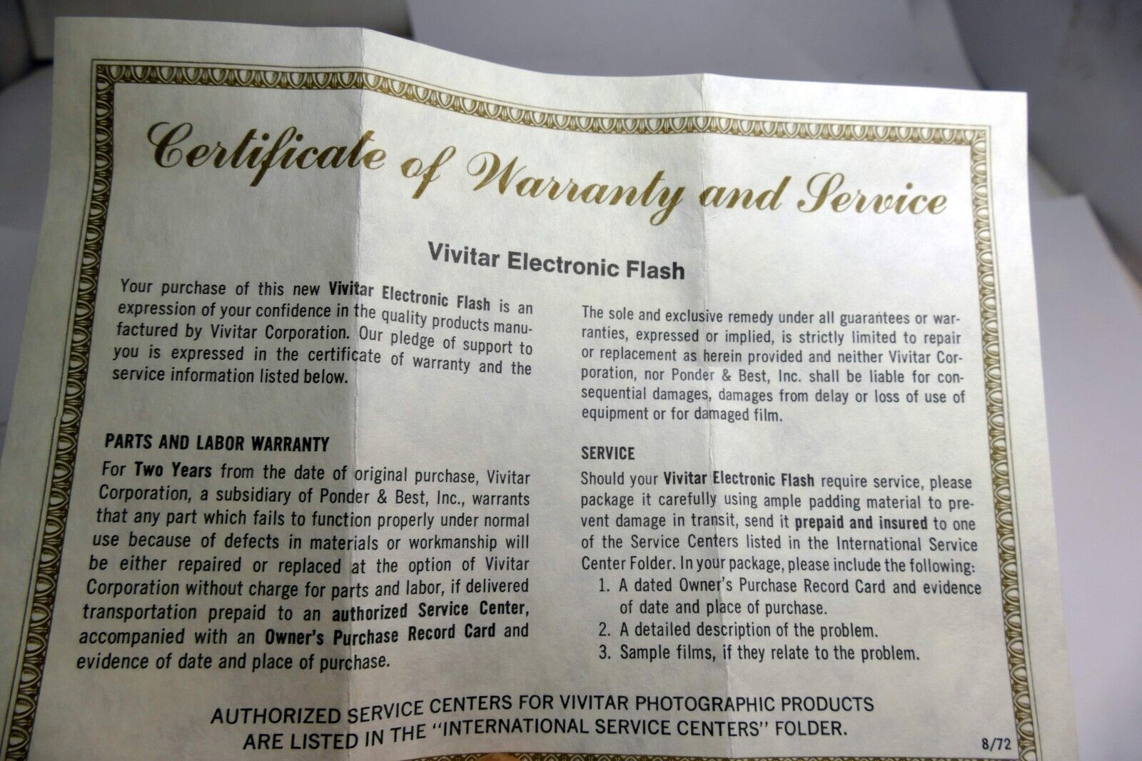 Vivitar 102 flash warranty card brochure international service centers