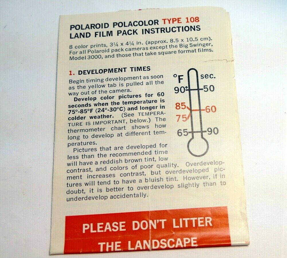 Brochure for Polaroid Type 108 Land film 3 1/4 X 4 1/2 " pack instructions