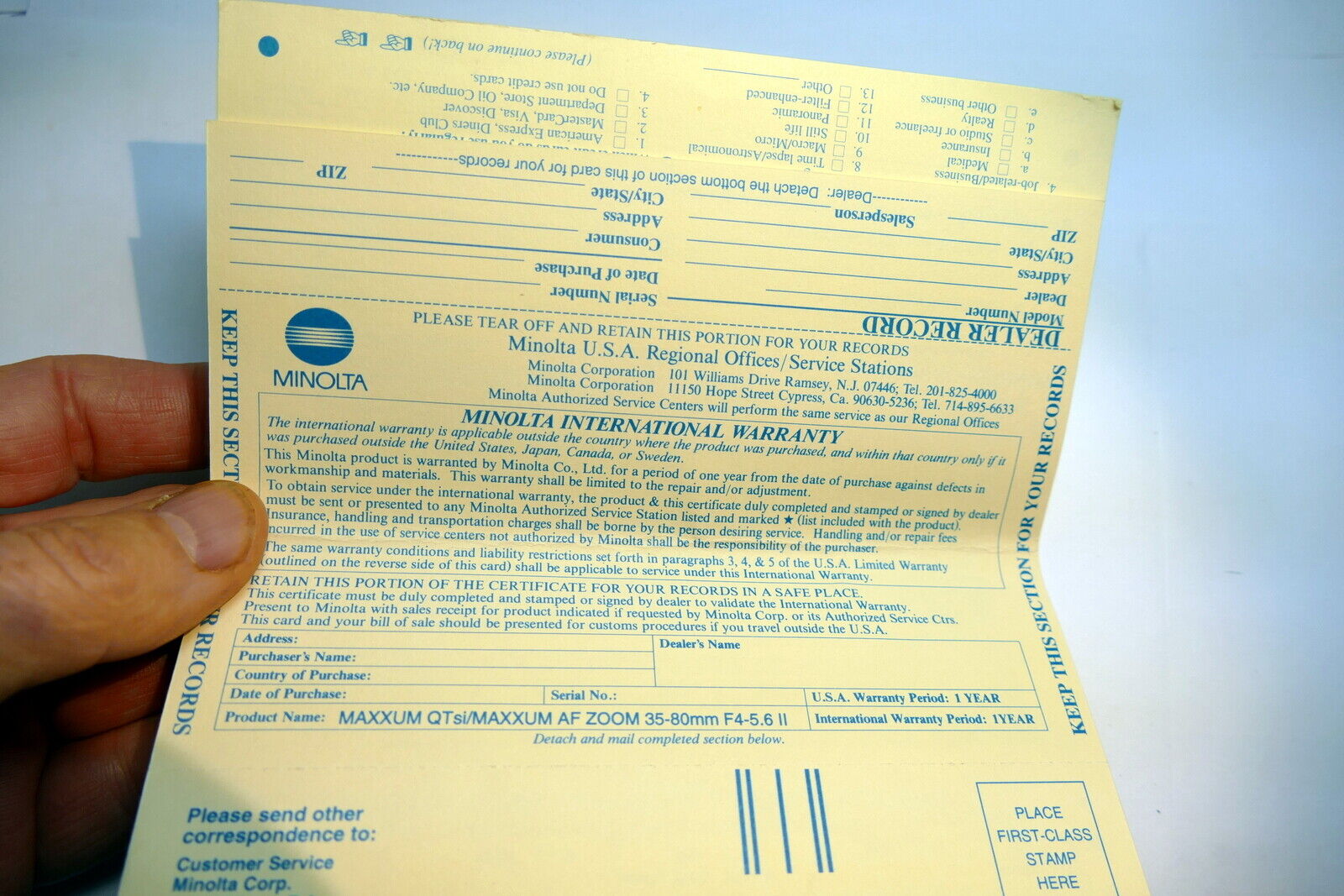 Warranty Card for Minolta QTsi Maxxum AF 35-80mm kit lens vintage