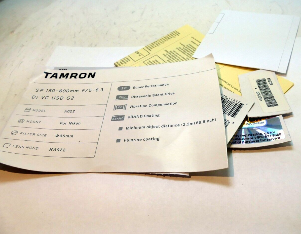 Tamron SP  150-600mm f5-6.3 lens warranty card for Nikon