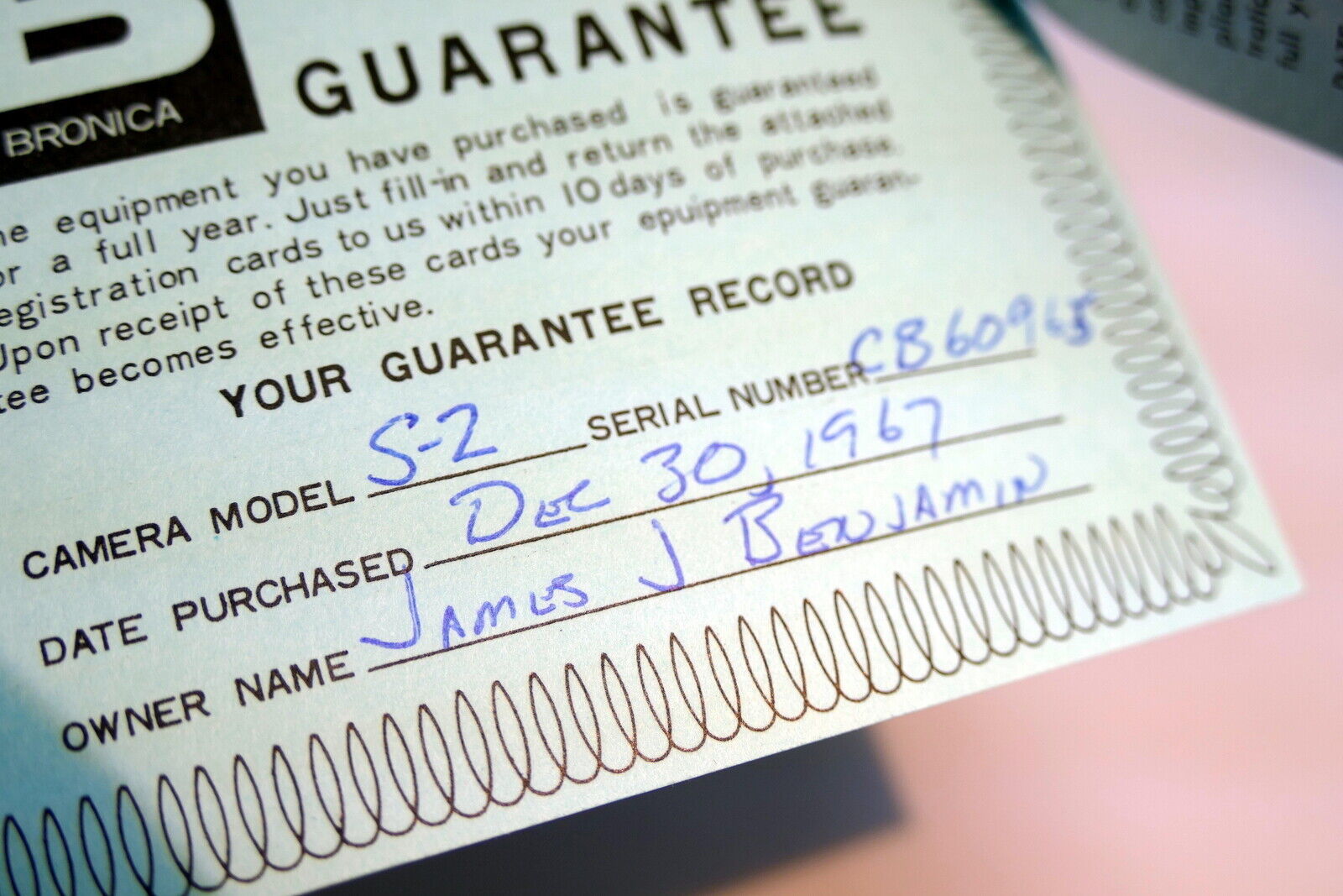 Bronica warranty card 1967 model  S2 camera 75mm f2.8 lens  vintage
