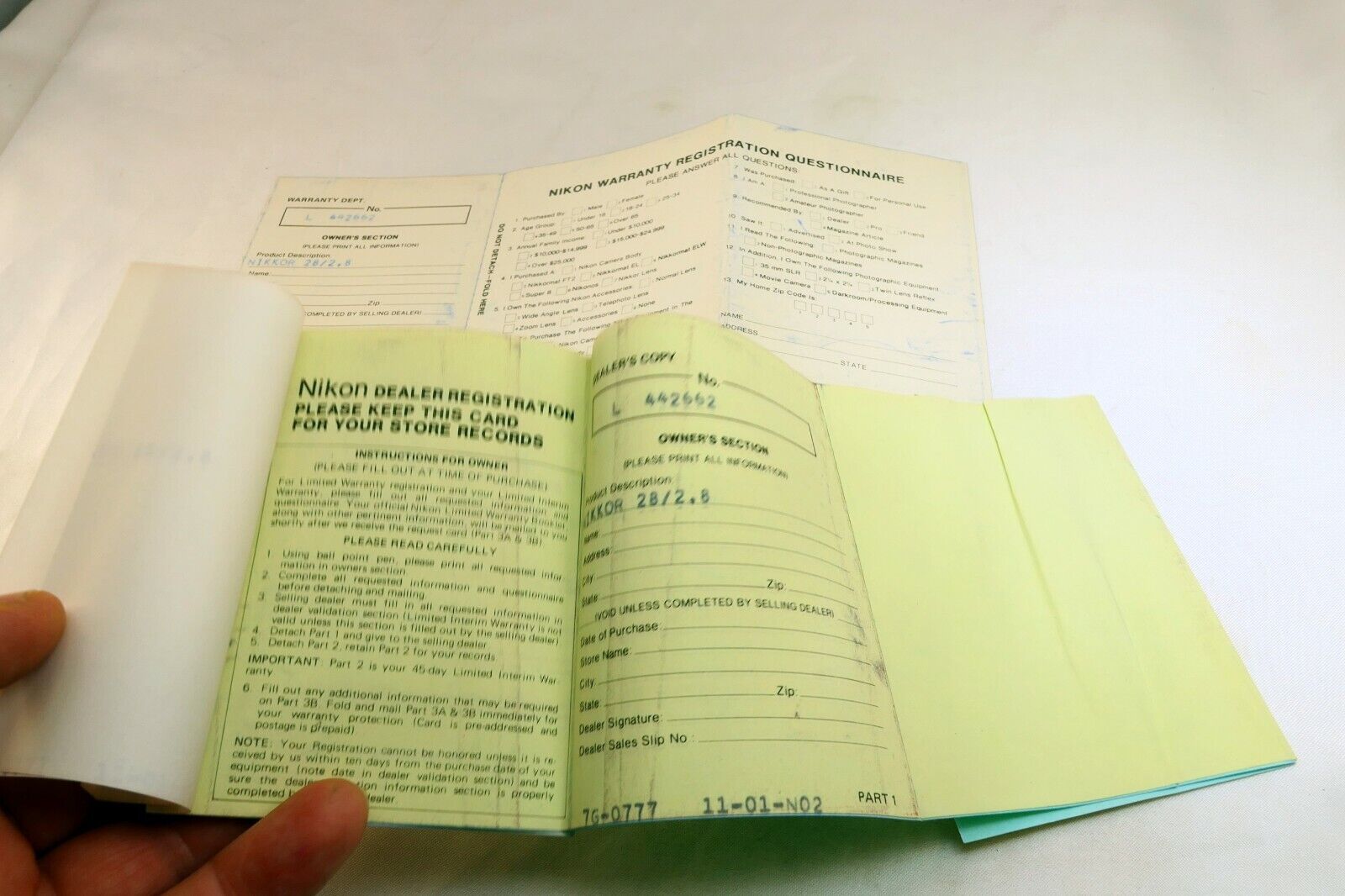 Nikon vintage warranty card (expired) for Nikkor 28mm f2.8 Ai lens 1977