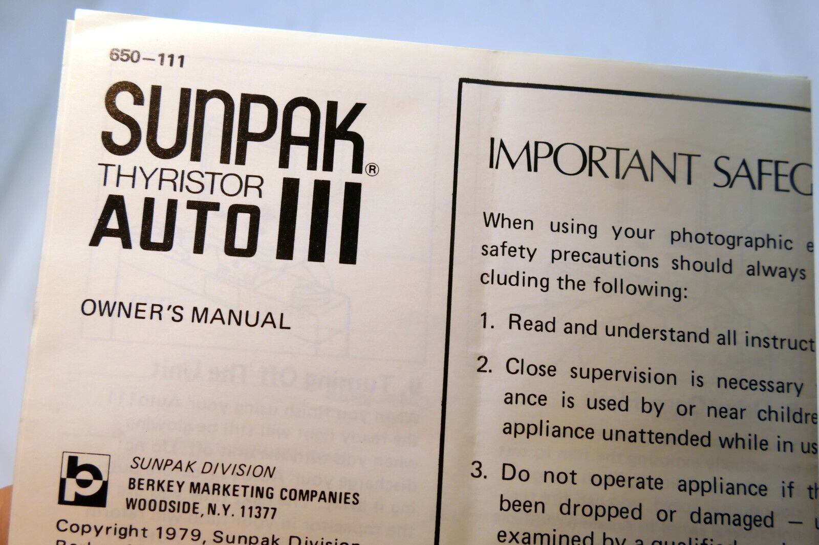 Sunpak Auto 111 Thyristor flash Instructions  guide manual English EN