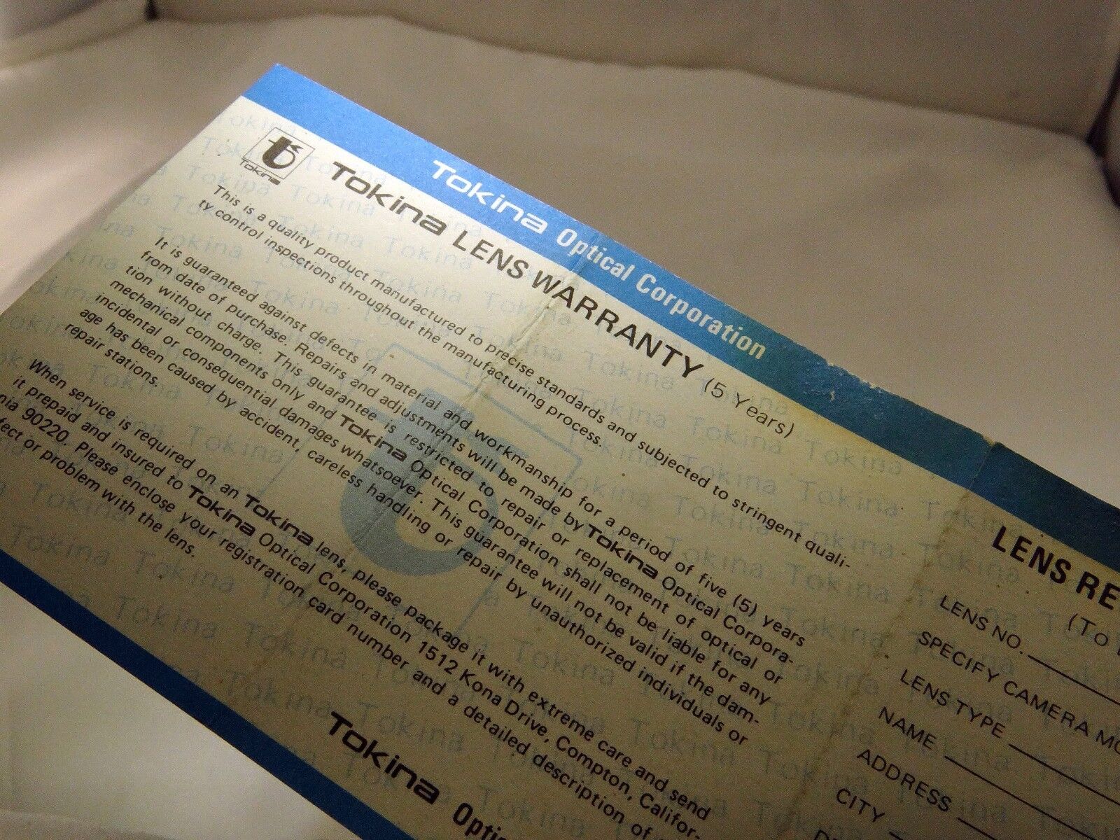 Tokina Lens  Limited Warranty Card Registration Card  1970's  vintage