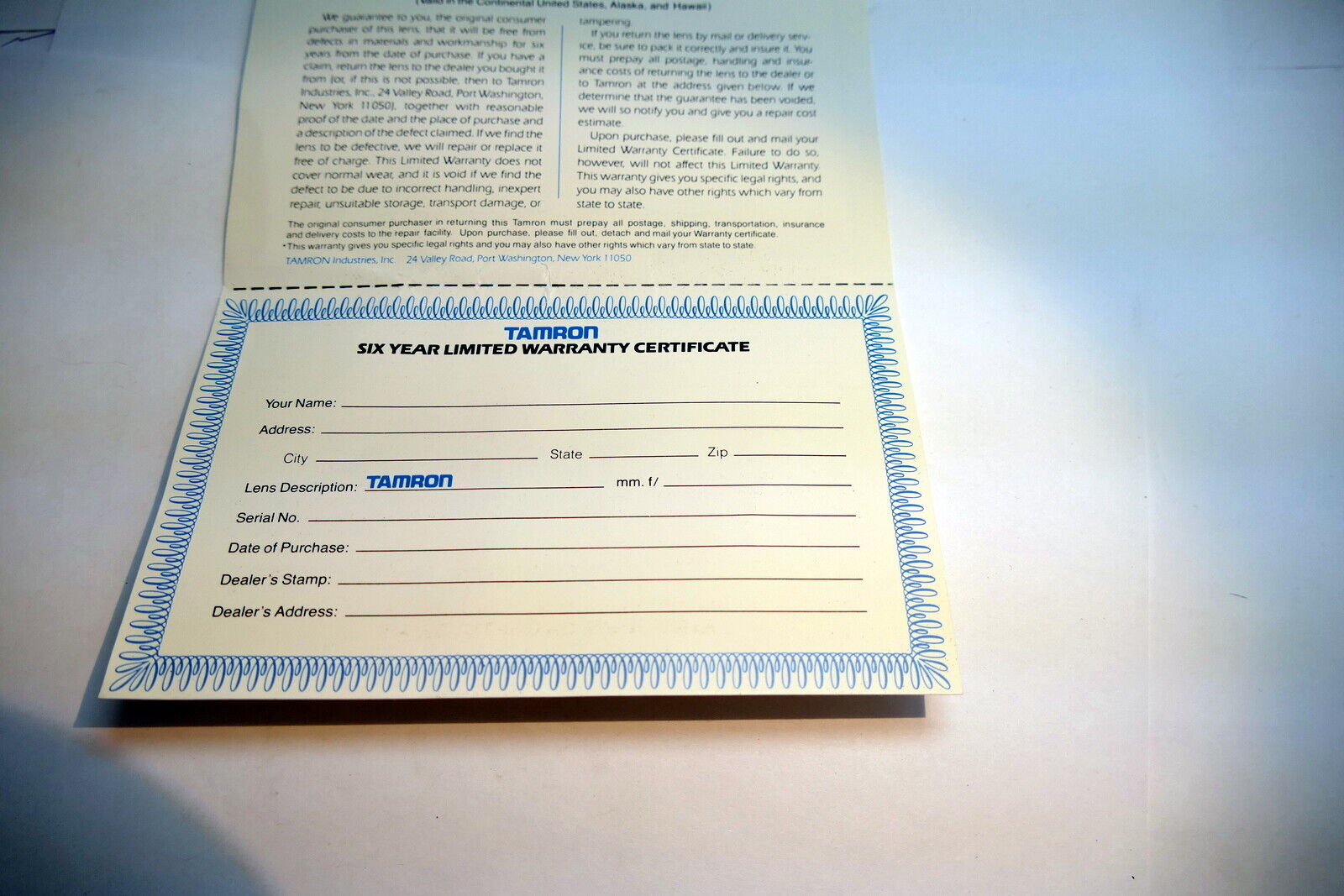 Tamron Certificate of Warranty  lens Card vintage  1980's