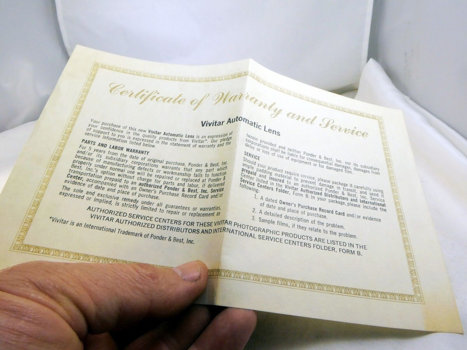 Vivitar Certificate of Warranty and Service Card 50mm f1.9 Lens  1974 vintage