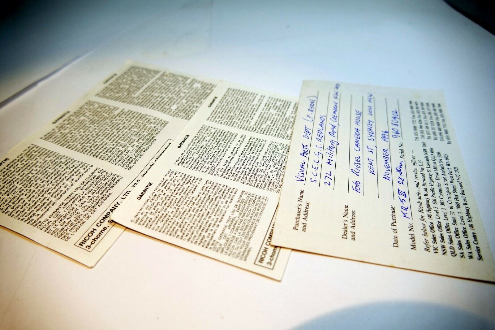 warranty registration card Ricoh KR-5 III28-80mm  Rikenon used vintage