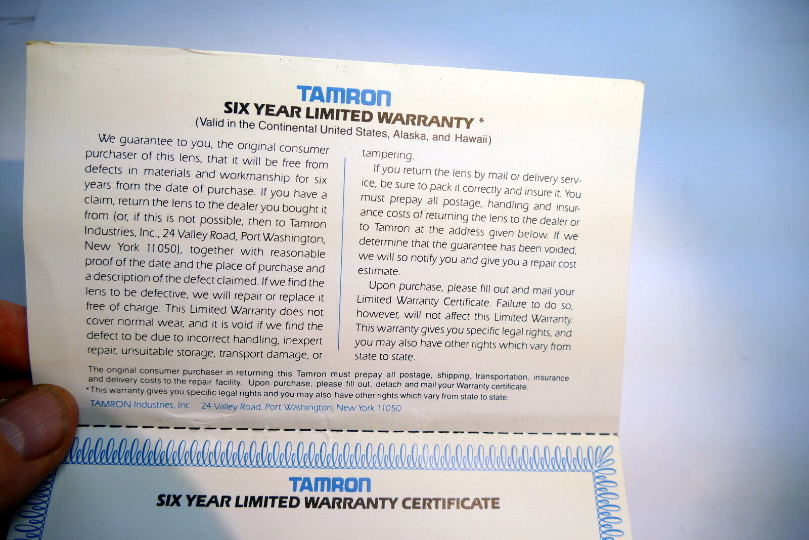 Tamron Certificate of Warranty  lens Card vintage  1980's