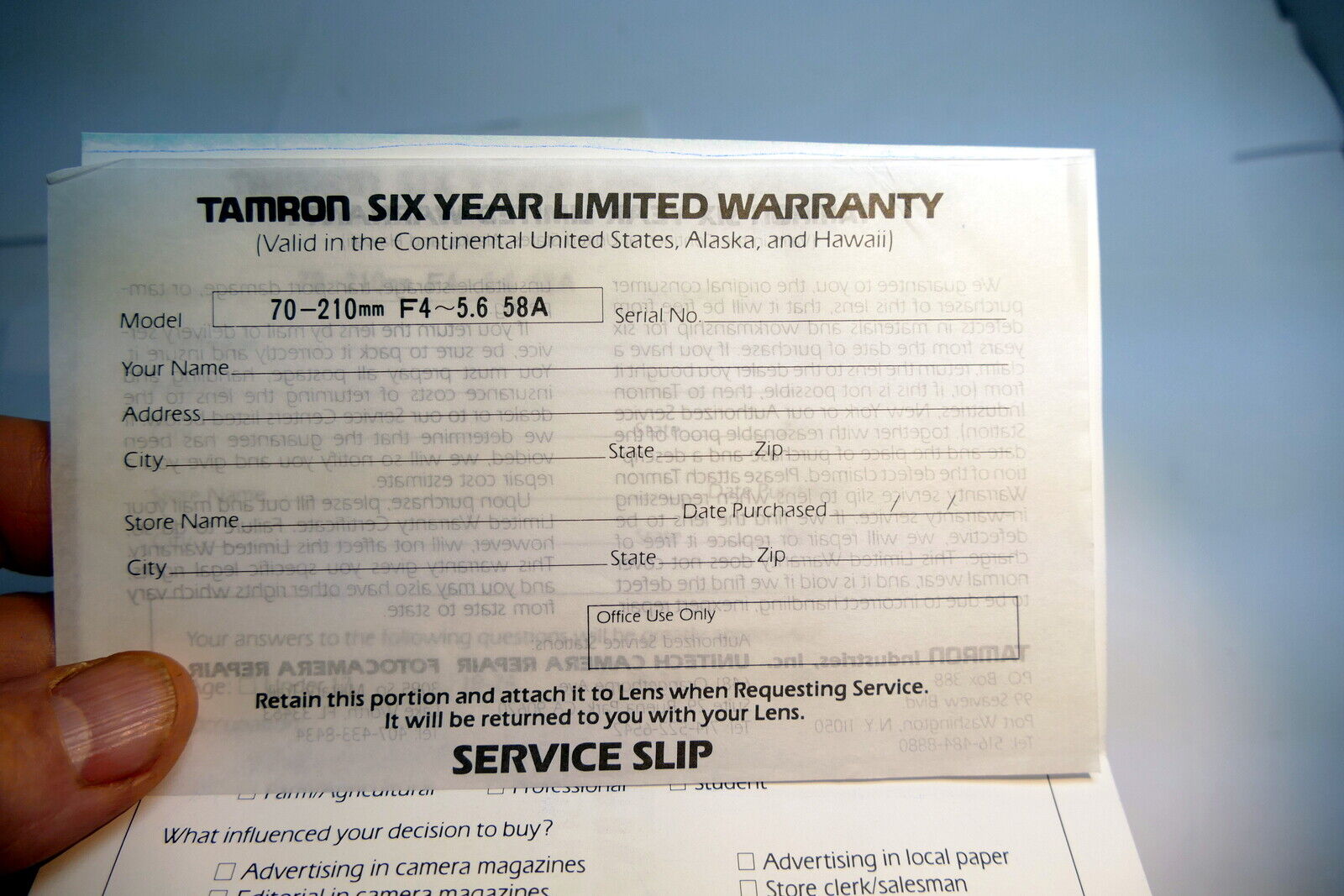Tamron Certificate of Warranty 70-210mm f4-5.6 58A lens Card vintage  1980's