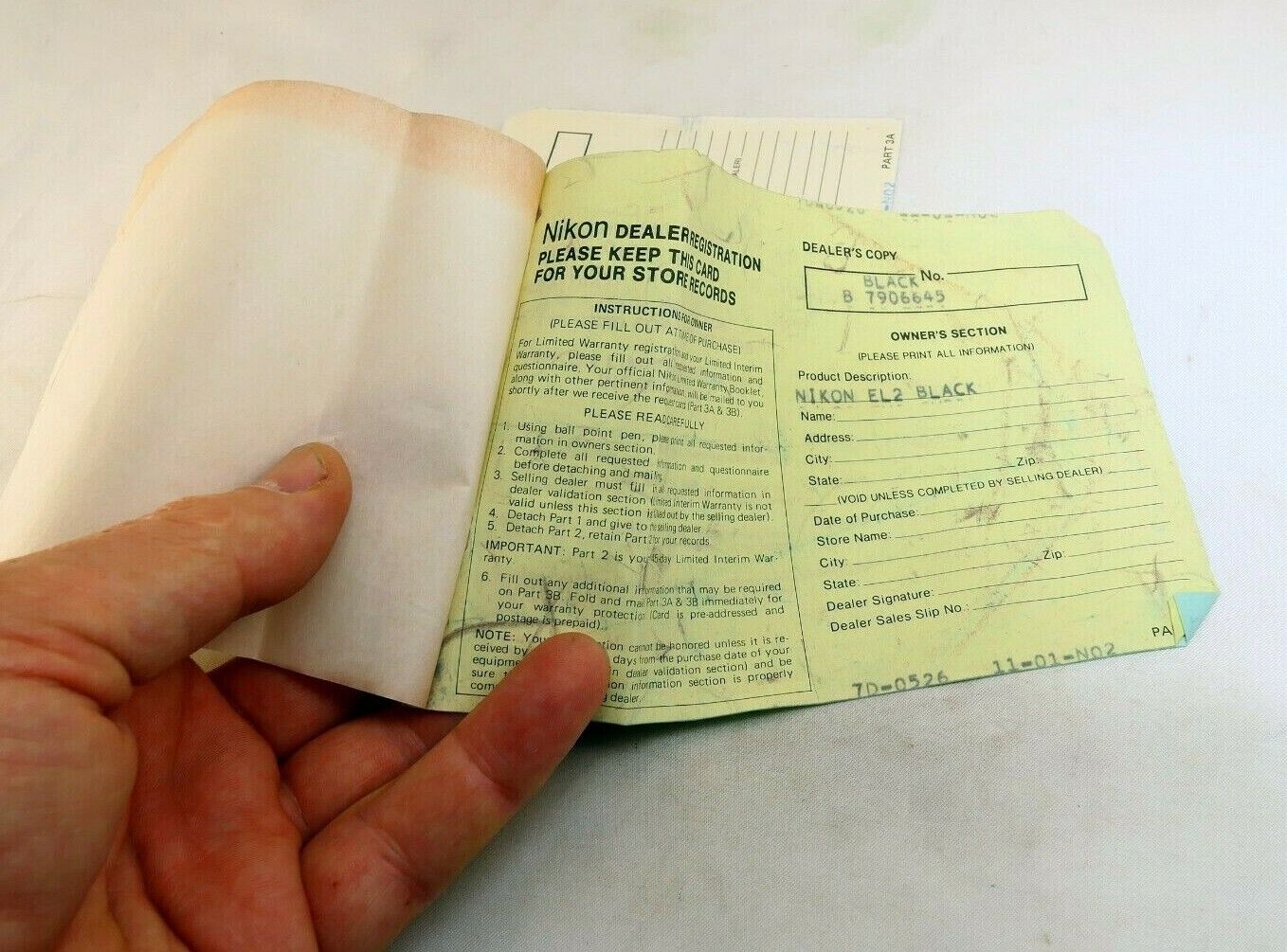 Nikon vintage warranty card (expired) for EL2 Black Camera 1972