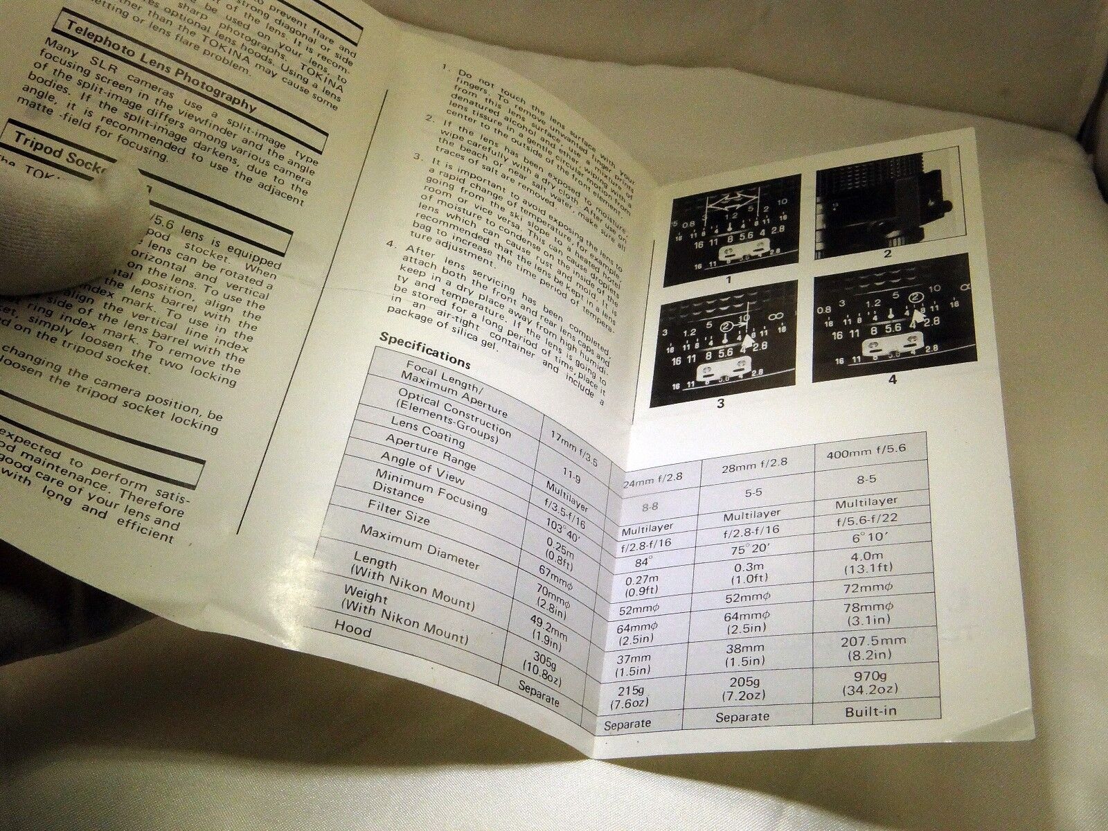 Tokina Lens  Instruction Manual 17mm f3.5 24mm f2.8 28mm f2.8 400mm f5.6