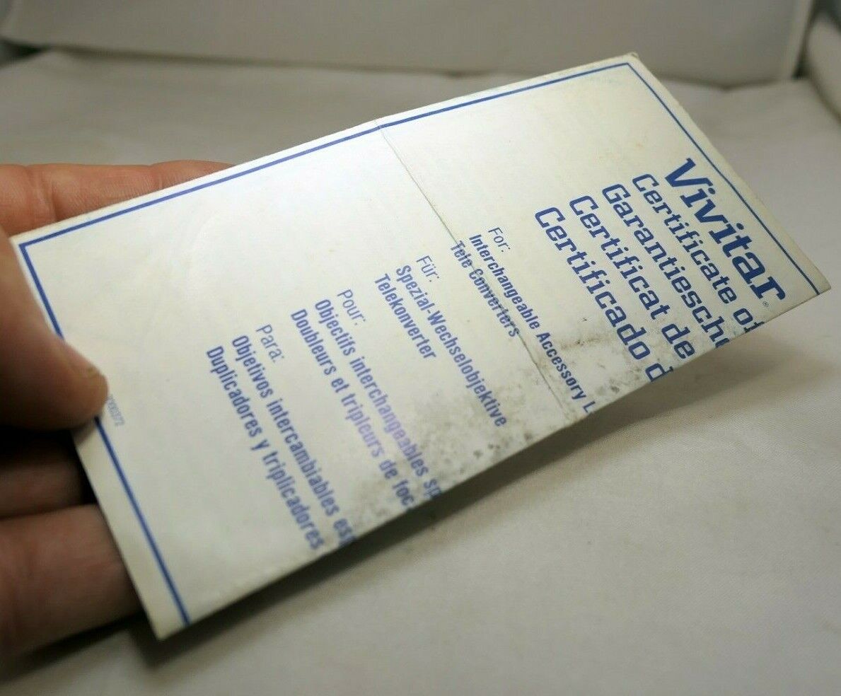 Vivitar Certificate of warranty card vintage for Interchangeable lenses