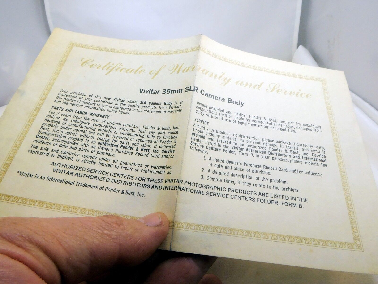 Vivitar Certificate of Warranty and Service Card 35mm 420 SL camera 1974 vintage