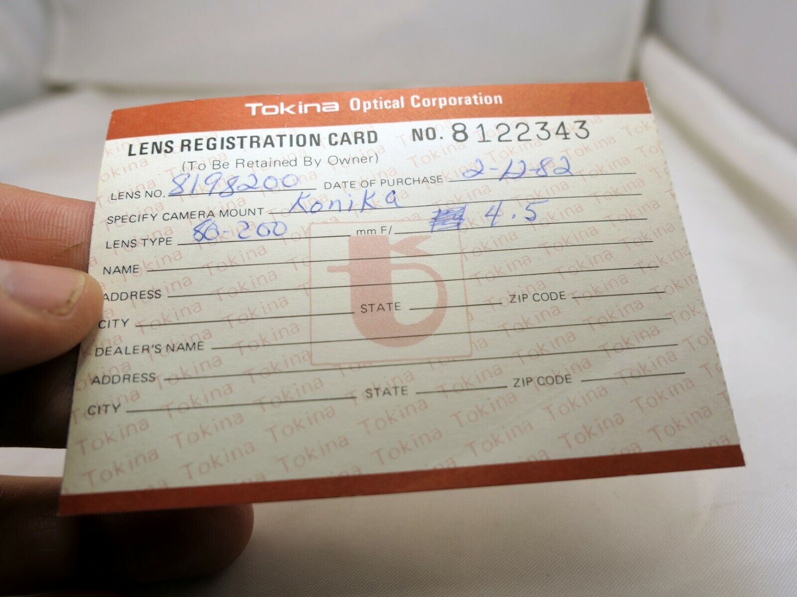 Tokina lens warranty card for  Konika 80-200mm f4.5