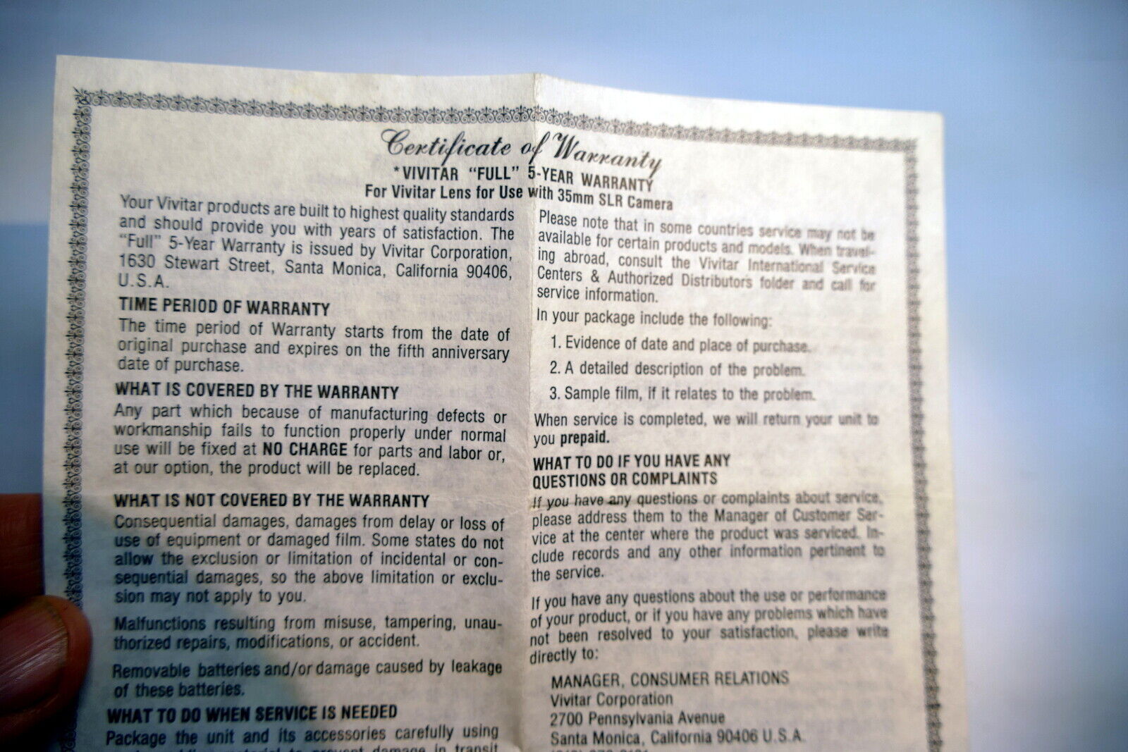 Vivitar Certificate of Warranty  35mm  Card vintage  1980's